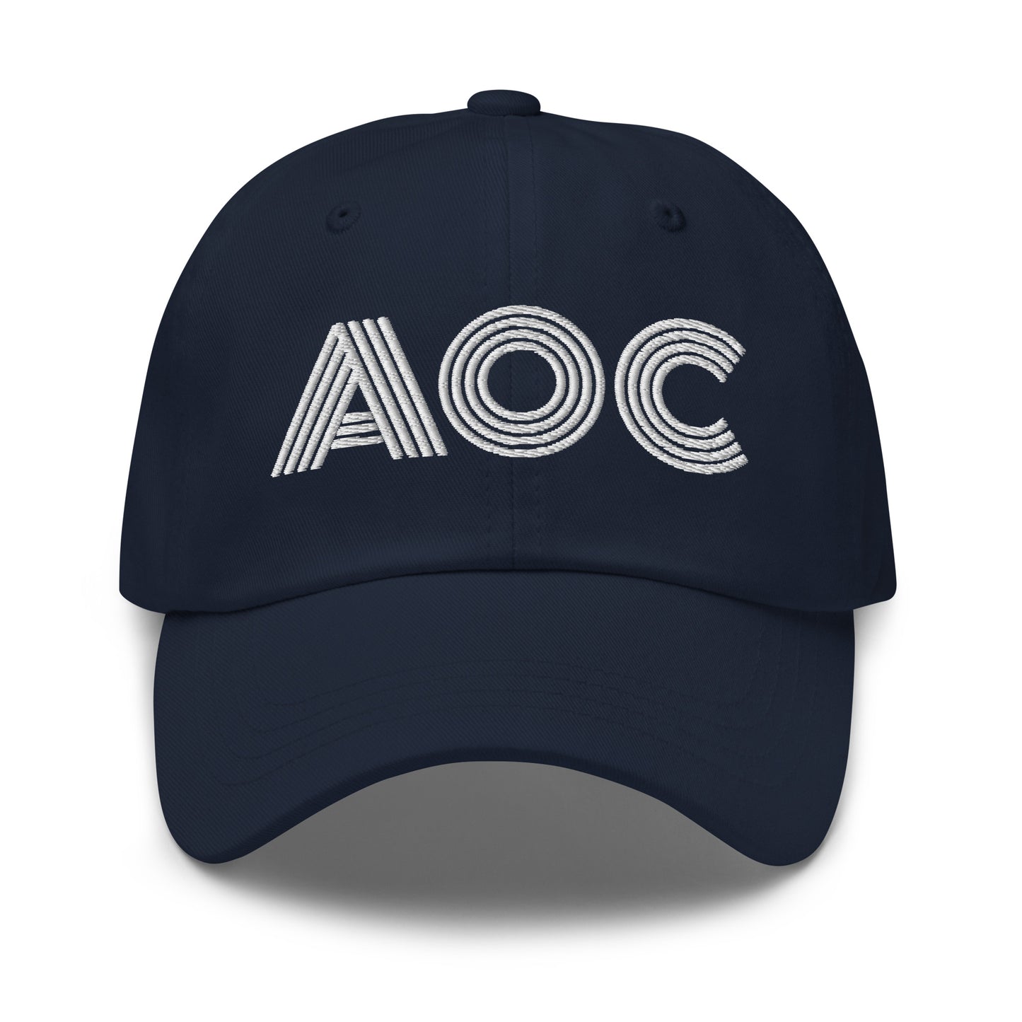 Product Front View Image: Black dad hat with white embroidered retro “AOC” design