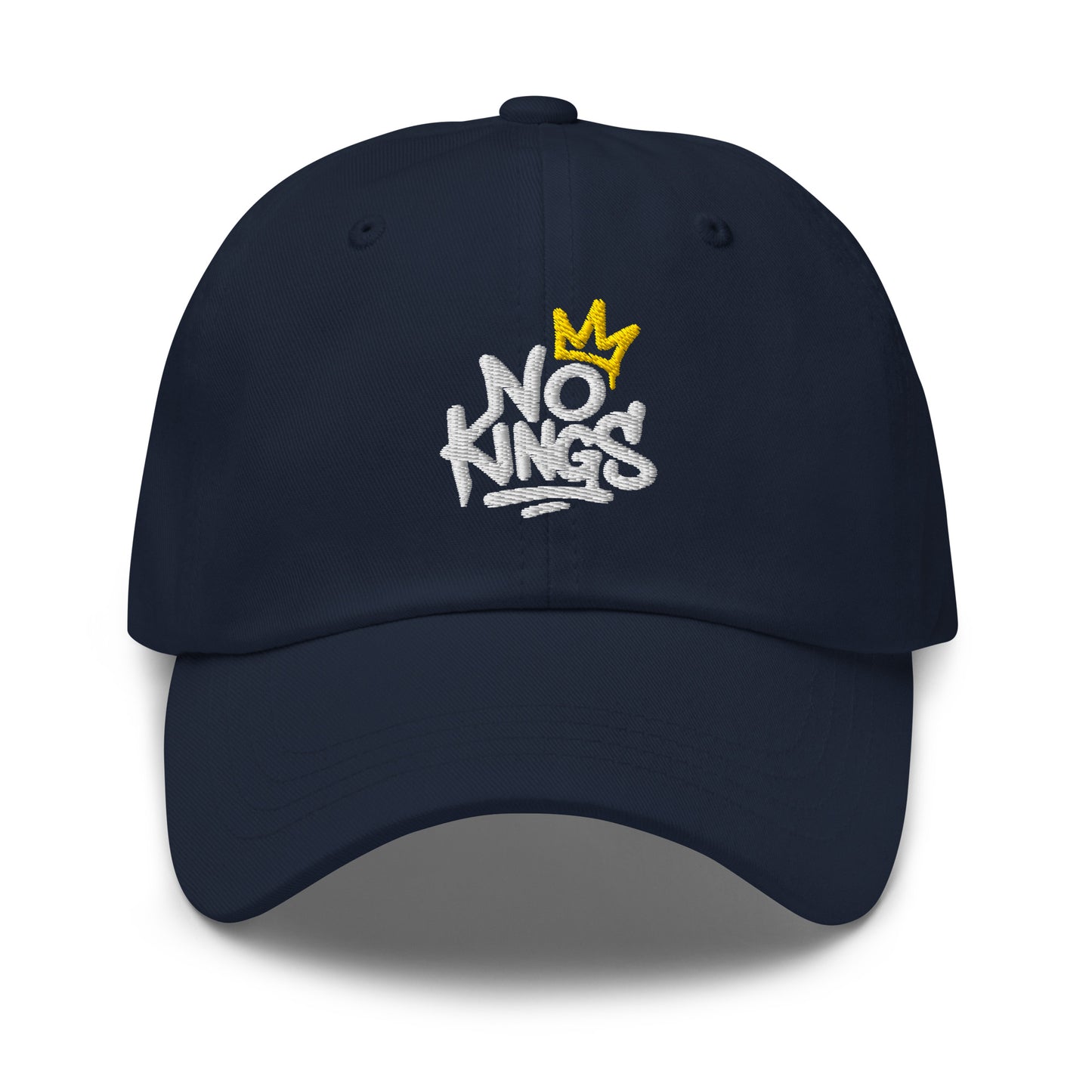 Front View Image: Black dad hat with graffiti-style "No Kings" and yellow crown mockup