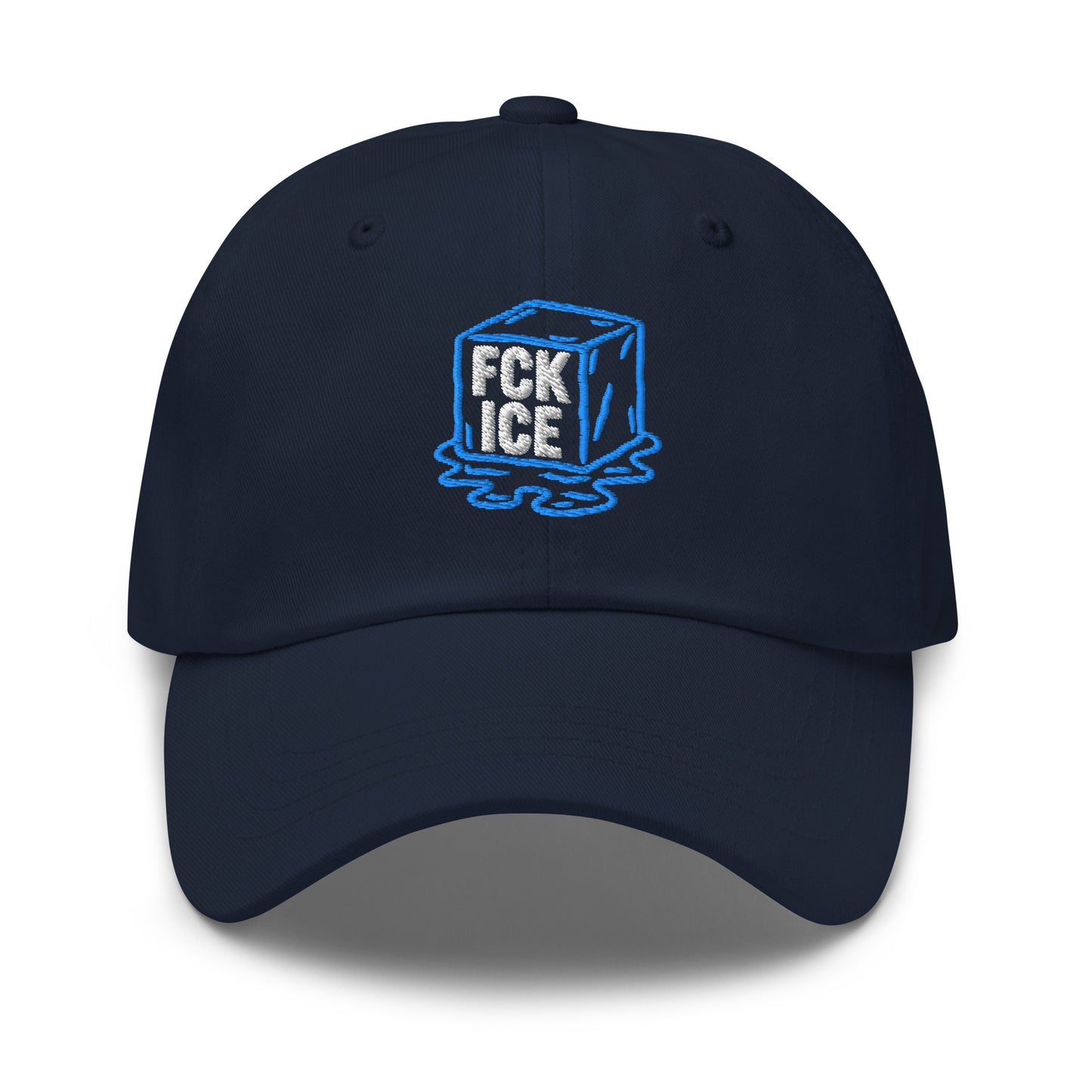 Front View Image: Embroidered dad hat featuring F*CK ICE melting cube graphic