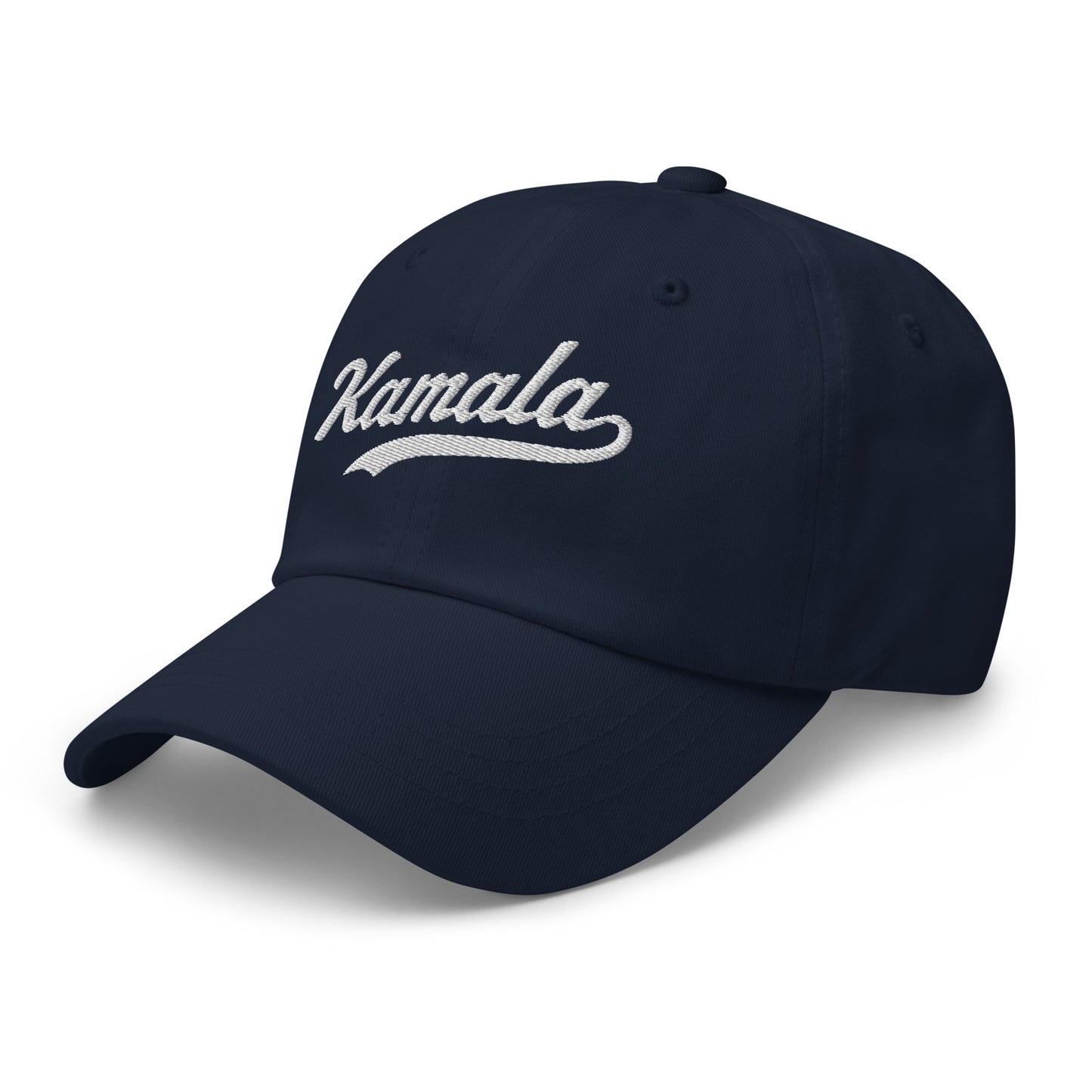 Side front view of the Kamala dad hat features Kamala Harris's iconic name in classic embroidered script