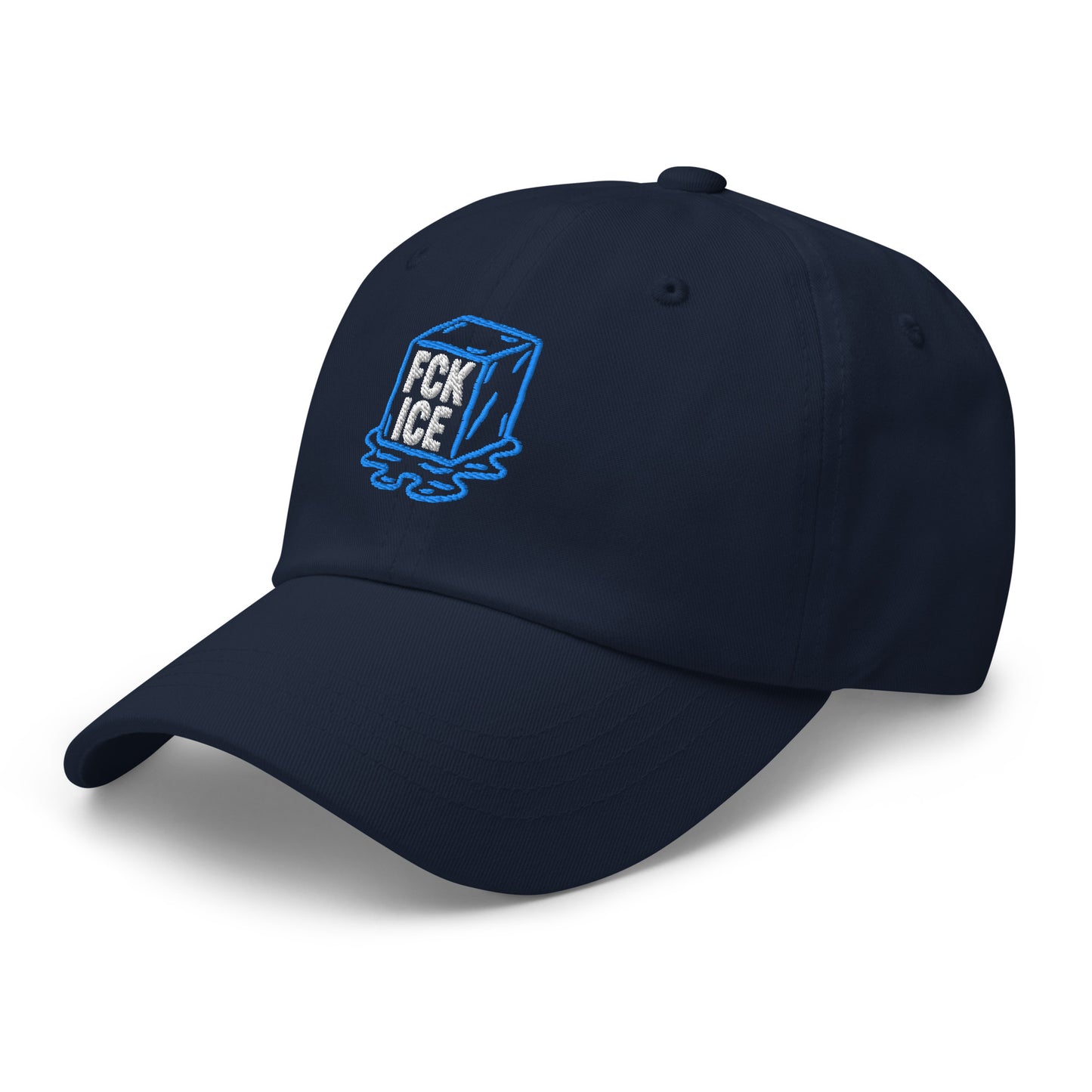 Side Front View Image: Embroidered dad hat featuring F*CK ICE melting cube graphic