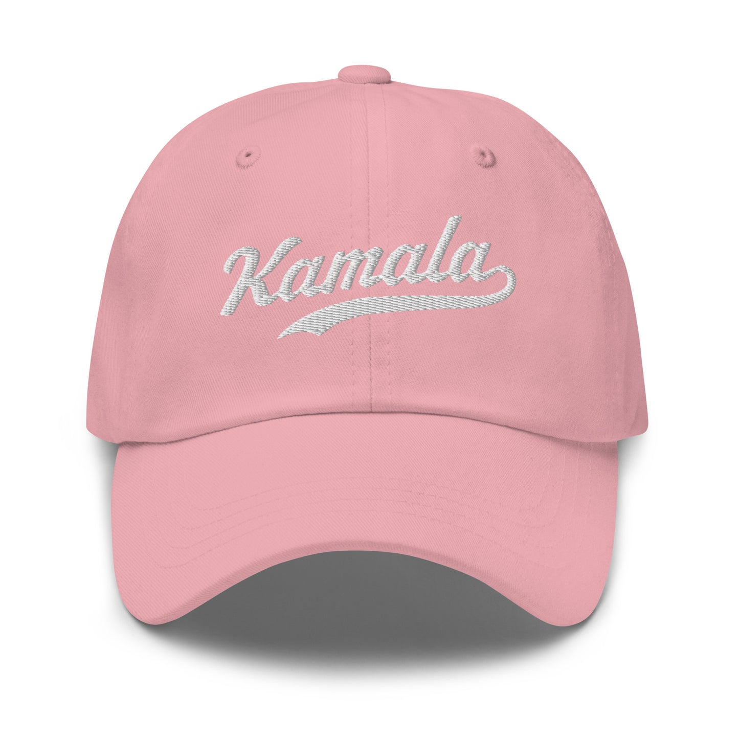Front view of the Kamala dad hat features Kamala Harris's iconic name in classic embroidered script