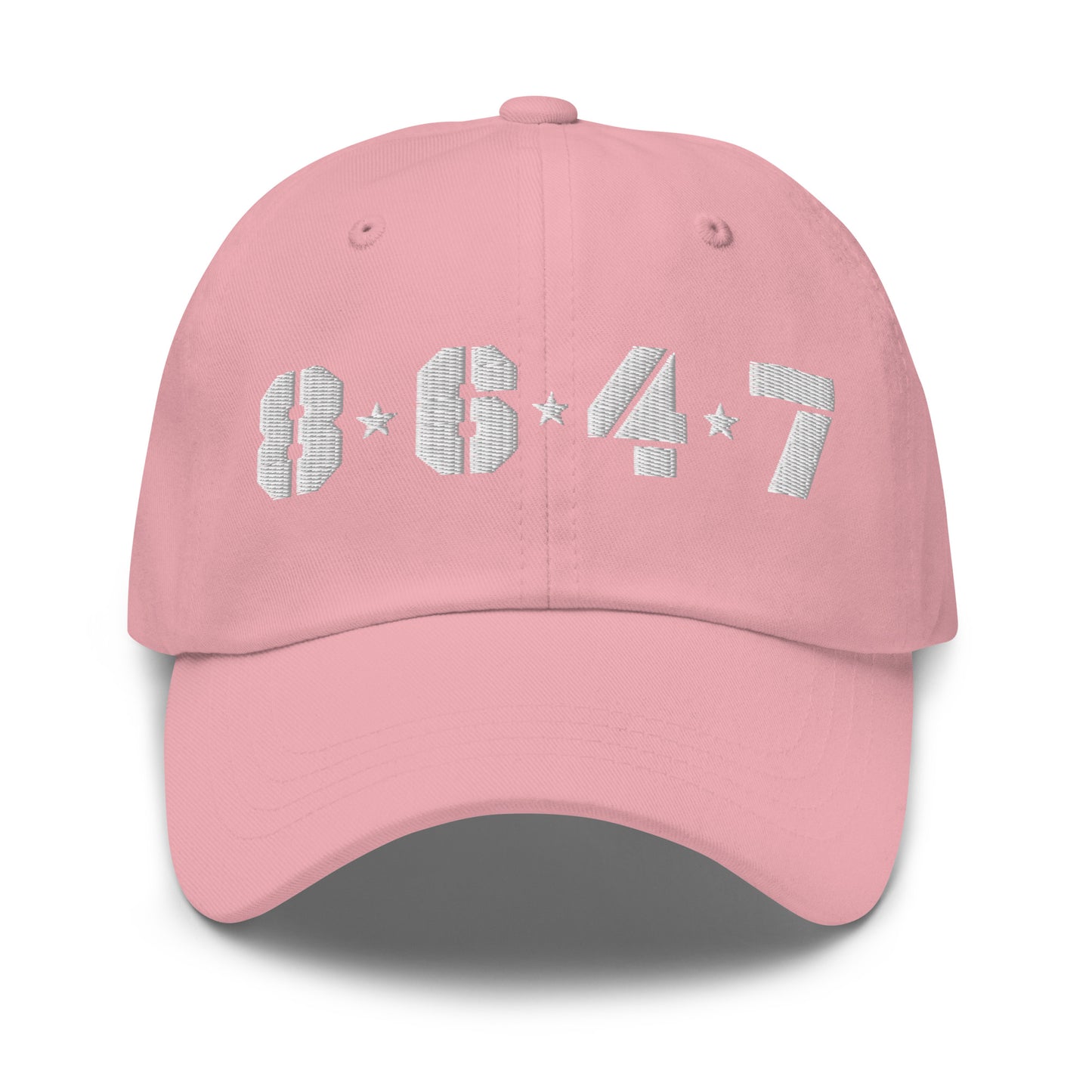 Light pink dad hat featuring white embroidered “8647” stencil lettering, subtle coded anti-Trump message, design by Blue Wave USA.