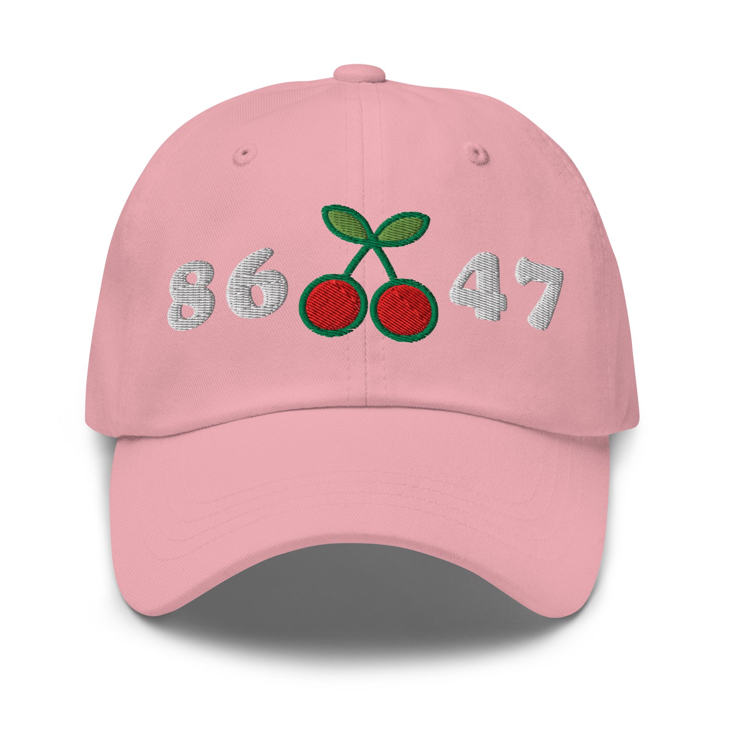 Pink dad hats embroidered with “86” and “47” and cherry symbol, soft neutral colorways, design by Blue Wave USA.