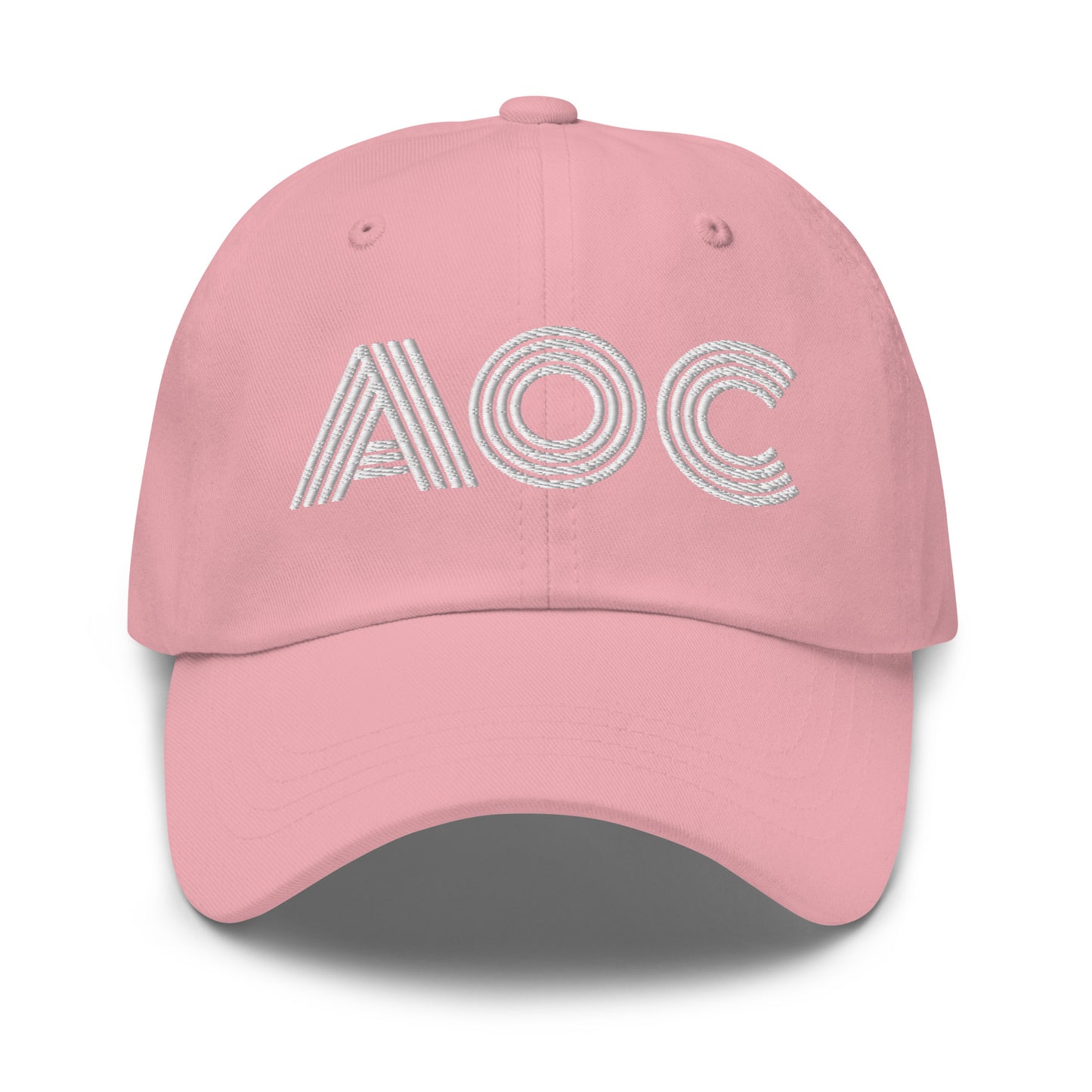 Front View Image: Black dad hat with white embroidered retro “AOC” design