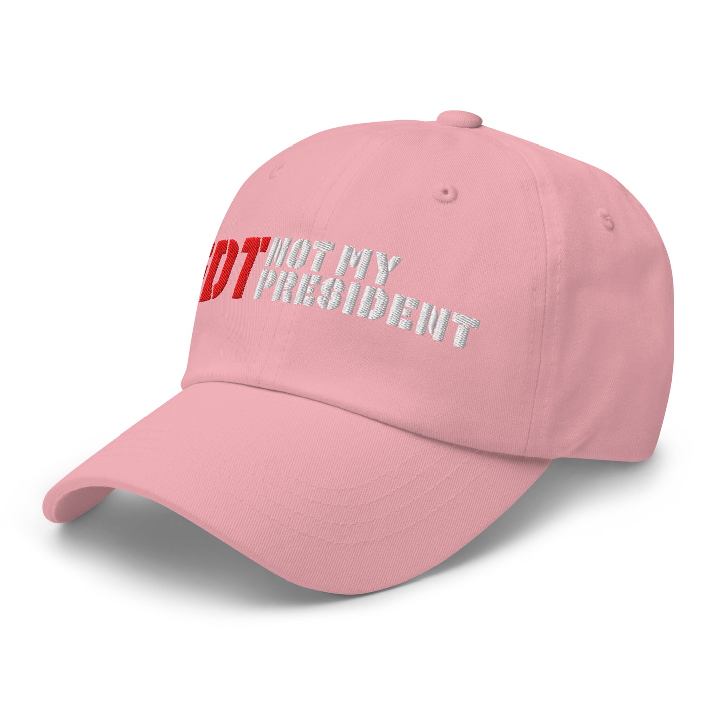 Side Front view of the Donald Trump Is Not My President Foxtrot Delta Tango FDT Anti-Trump Dad Hat with bold red and white embroidery.