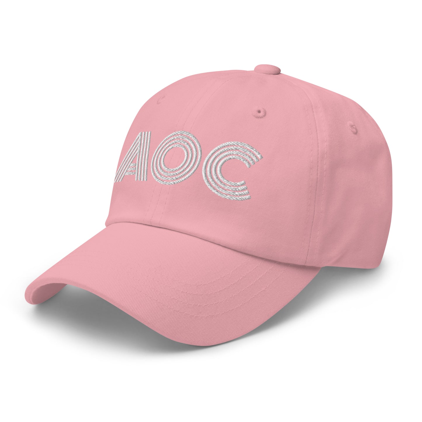 Side Front View Image: Black dad hat with white embroidered retro “AOC” design