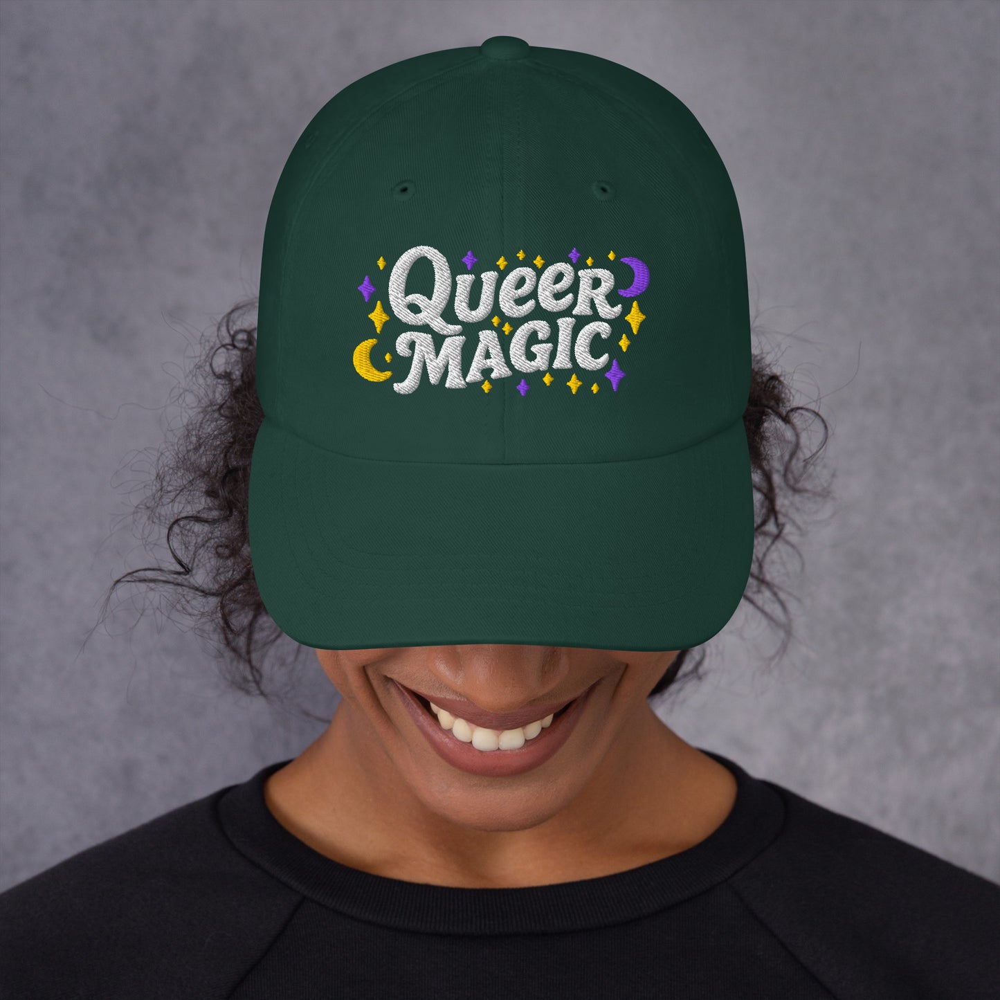 Lifestyle Image: Woman wearing Queer Magic LGBTQ+ Rights Dad Hat at a Pride event