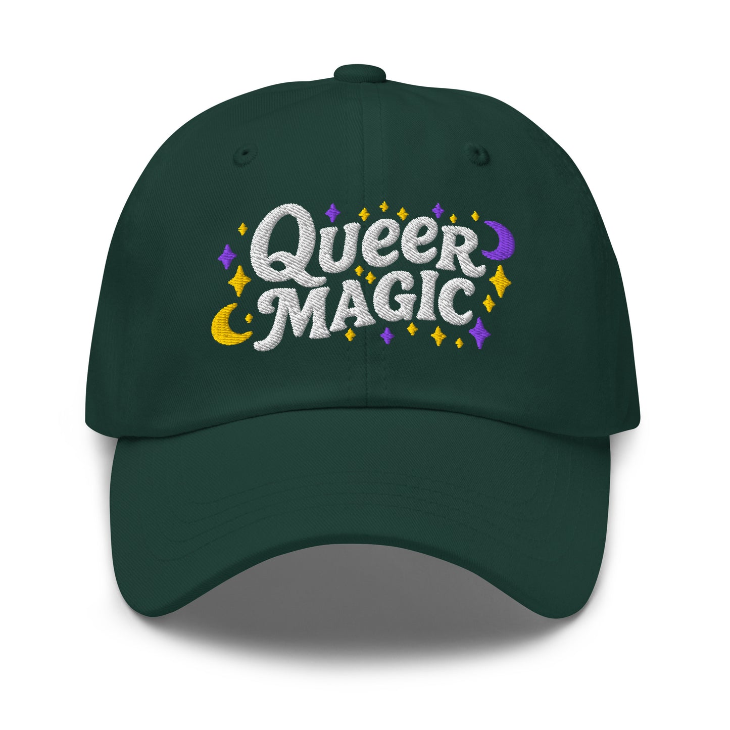 Front View Image: Front view of Queer Magic LGBTQ+ Pride Dad Hat with moon and stars graphic