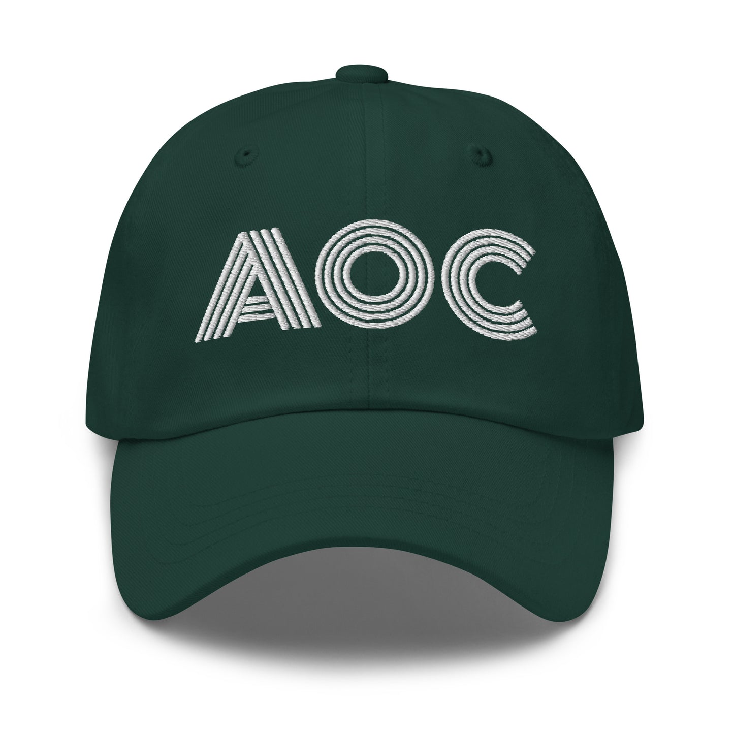 Front View Image: Black dad hat with white embroidered retro “AOC” design