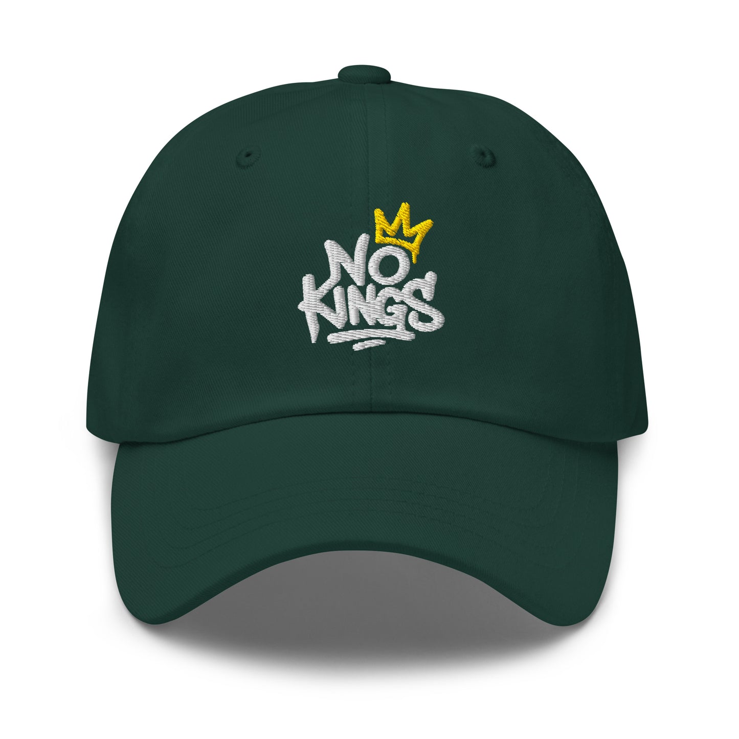 Front View Image: Black dad hat with graffiti-style "No Kings" and yellow crown