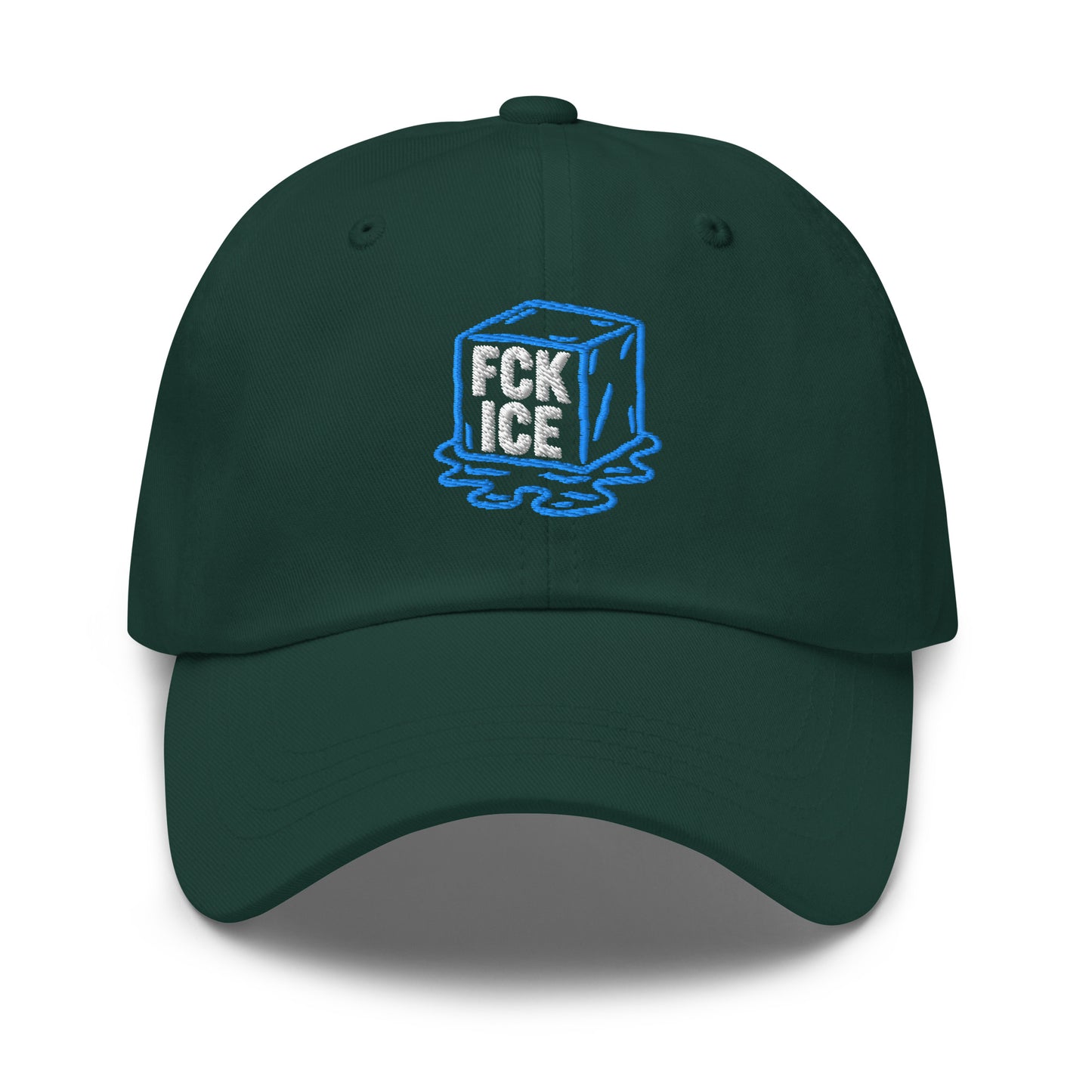 Front View Image: Embroidered dad hat featuring F*CK ICE melting cube graphic