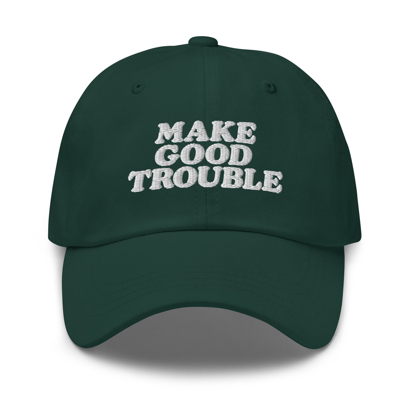 Front view of the John Lewis "Make Good Trouble" Quote Social Justice Dad Hat