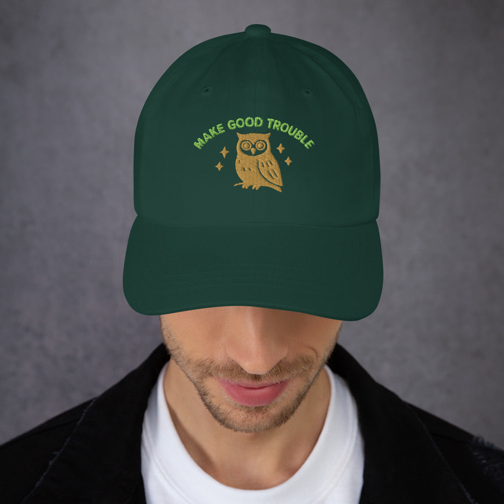 Lifestyle Image: Woman wearing the Embroidered “Make Good Trouble” dad hat