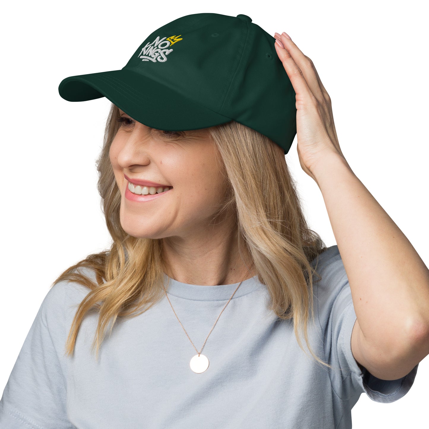 Lifestyle Image: Woman wearing No Kings Anti-Trump, anti-authoritarian dad hat