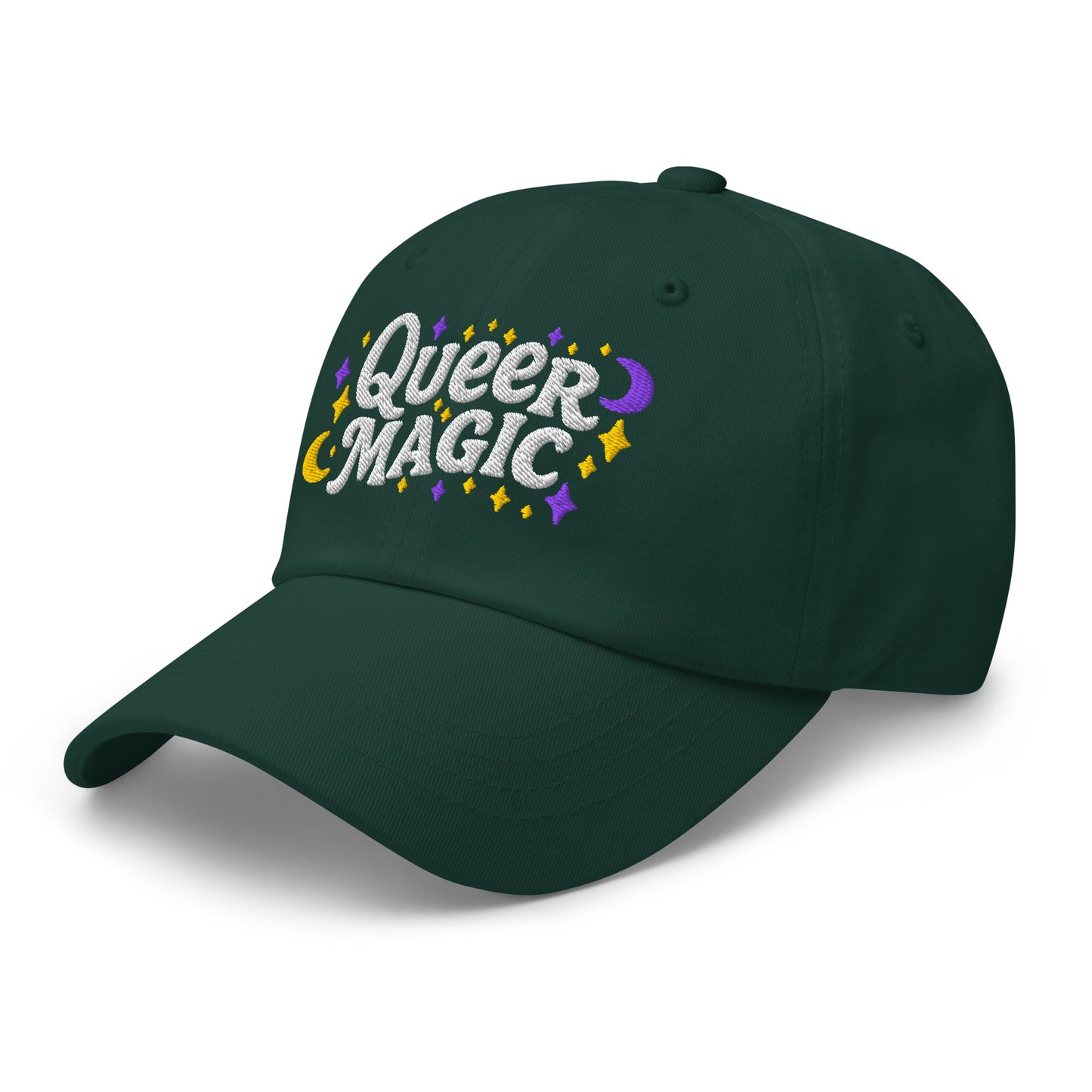 Front Side View Image: Front view of Queer Magic LGBTQ+ Pride Dad Hat with moon and stars graphic