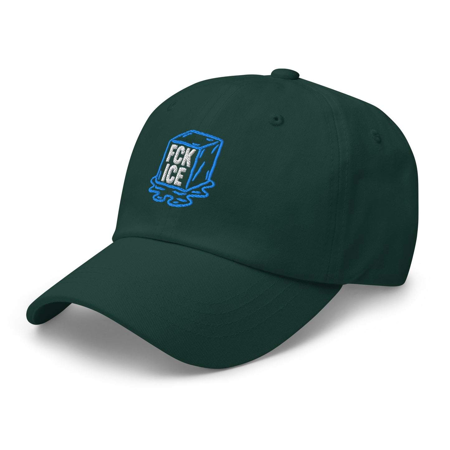 Side Front View Image: Embroidered dad hat featuring F*CK ICE melting cube graphic