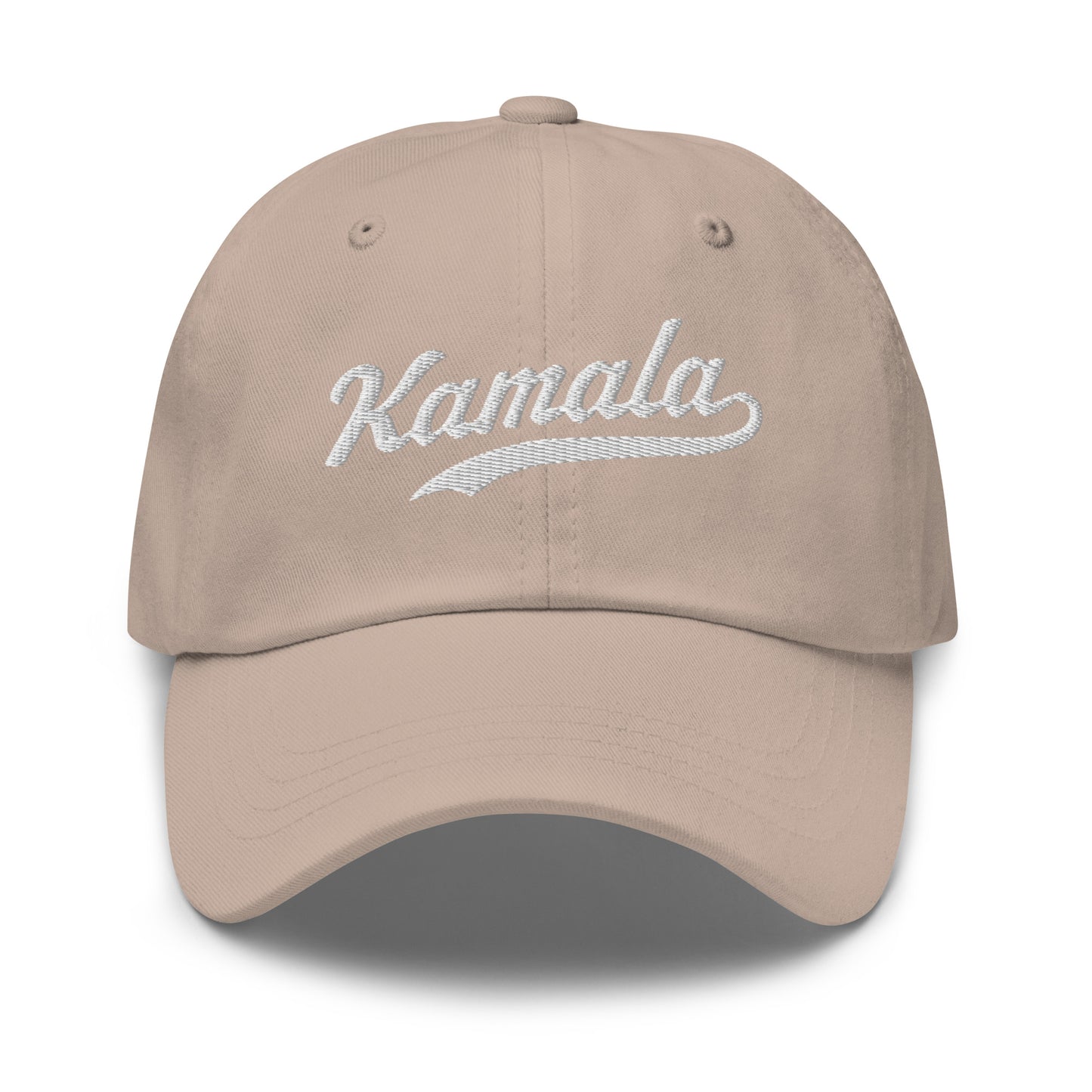 Front view of the Kamala dad hat features Kamala Harris's iconic name in classic embroidered script