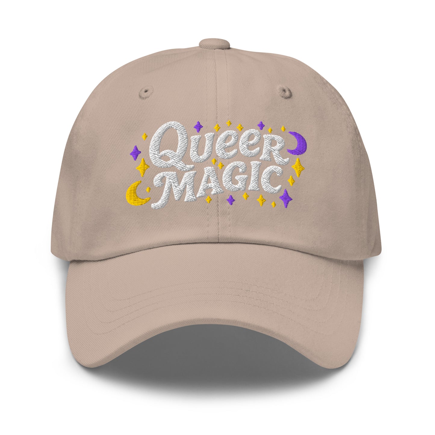 Front View Image: Front view of Queer Magic LGBTQ+ Pride Dad Hat with moon and stars graphic
