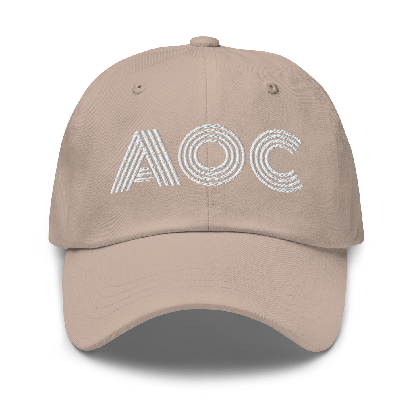 Front View Image: Black dad hat with white embroidered retro “AOC” design