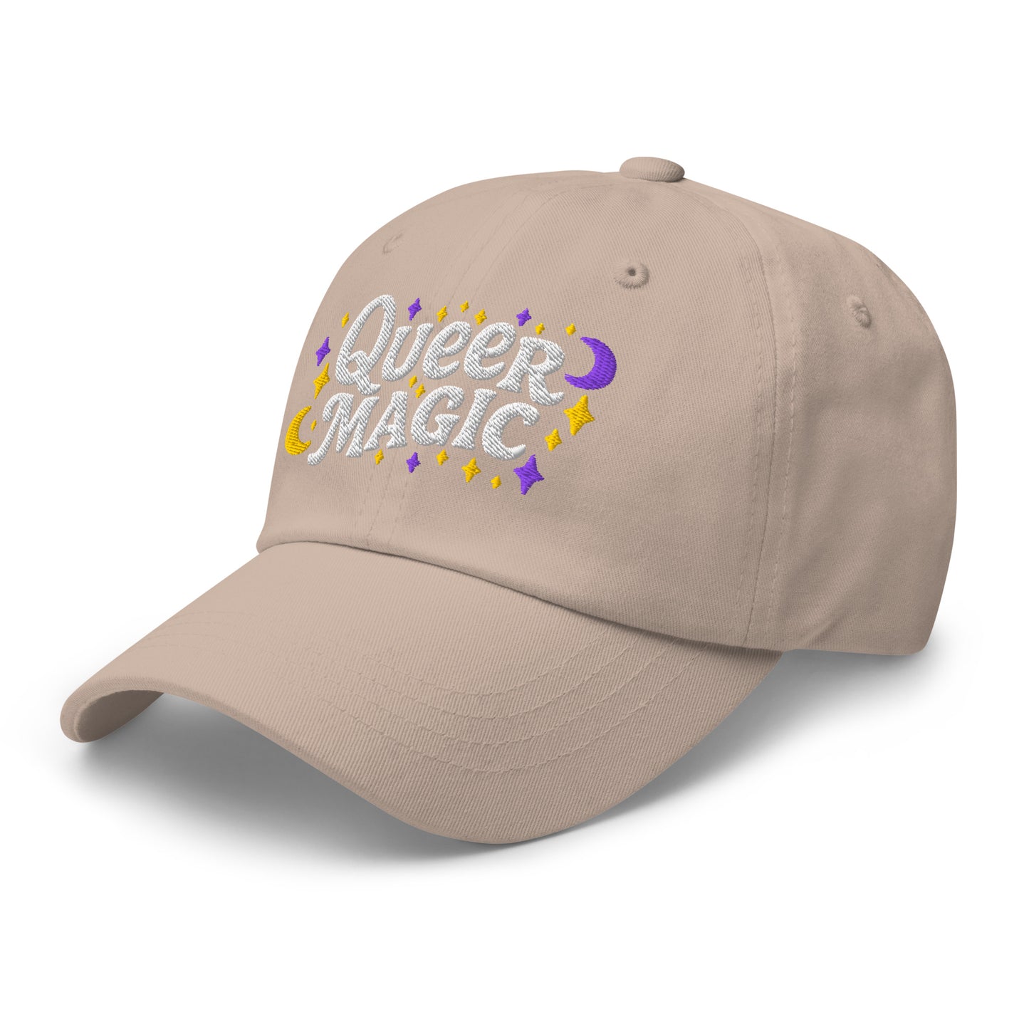 Front Side View Image: Front view of Queer Magic LGBTQ+ Pride Dad Hat with moon and stars graphic