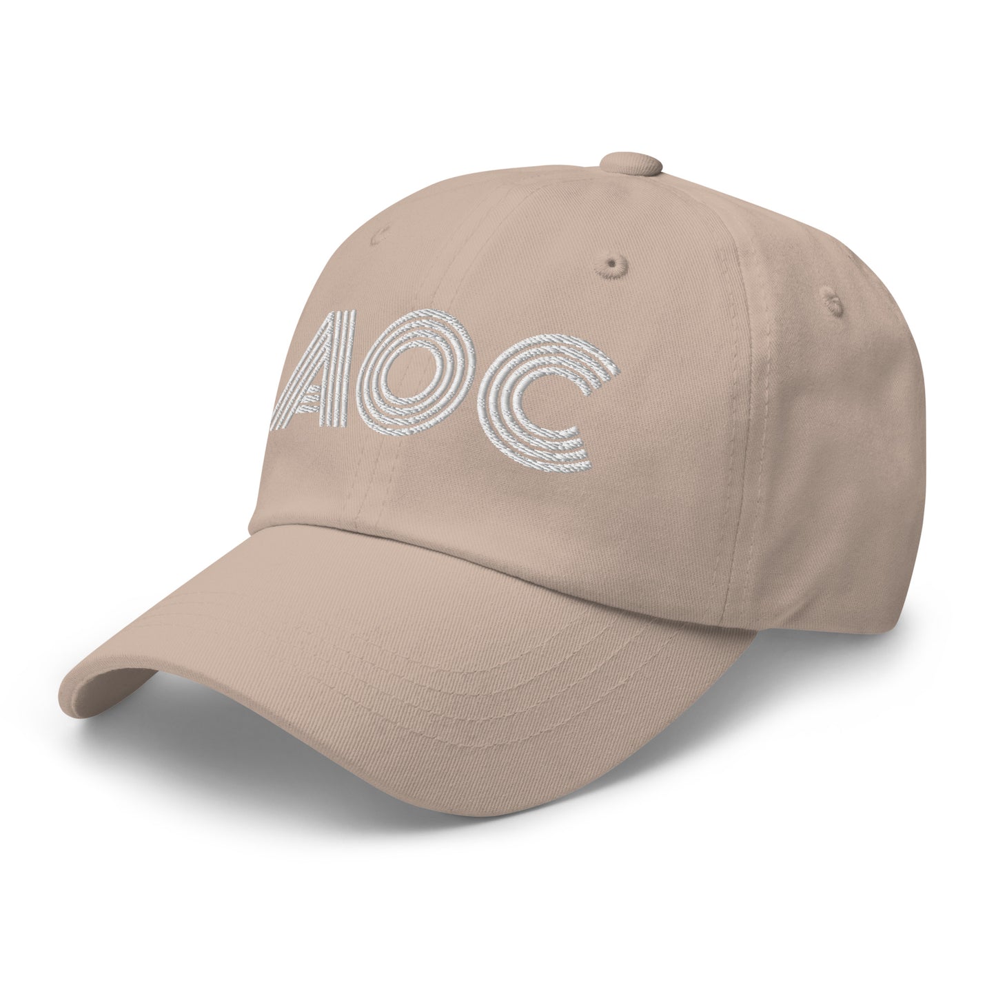 Side Front View Image: Black dad hat with white embroidered retro “AOC” design