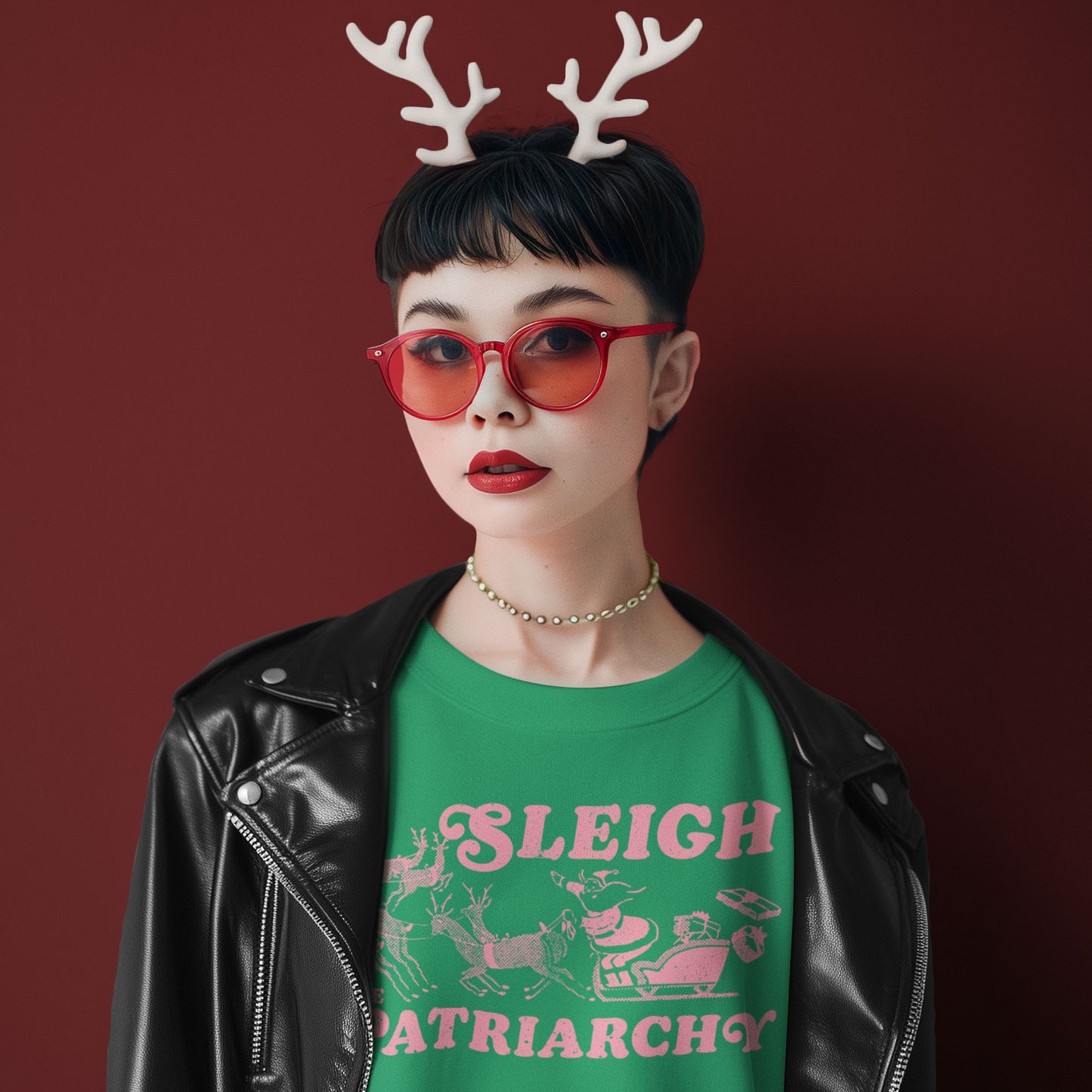 Person wearing a green shirt with 'Sleigh the Patriarchy' text, black leather jacket, and red sunglasses against a dark background.