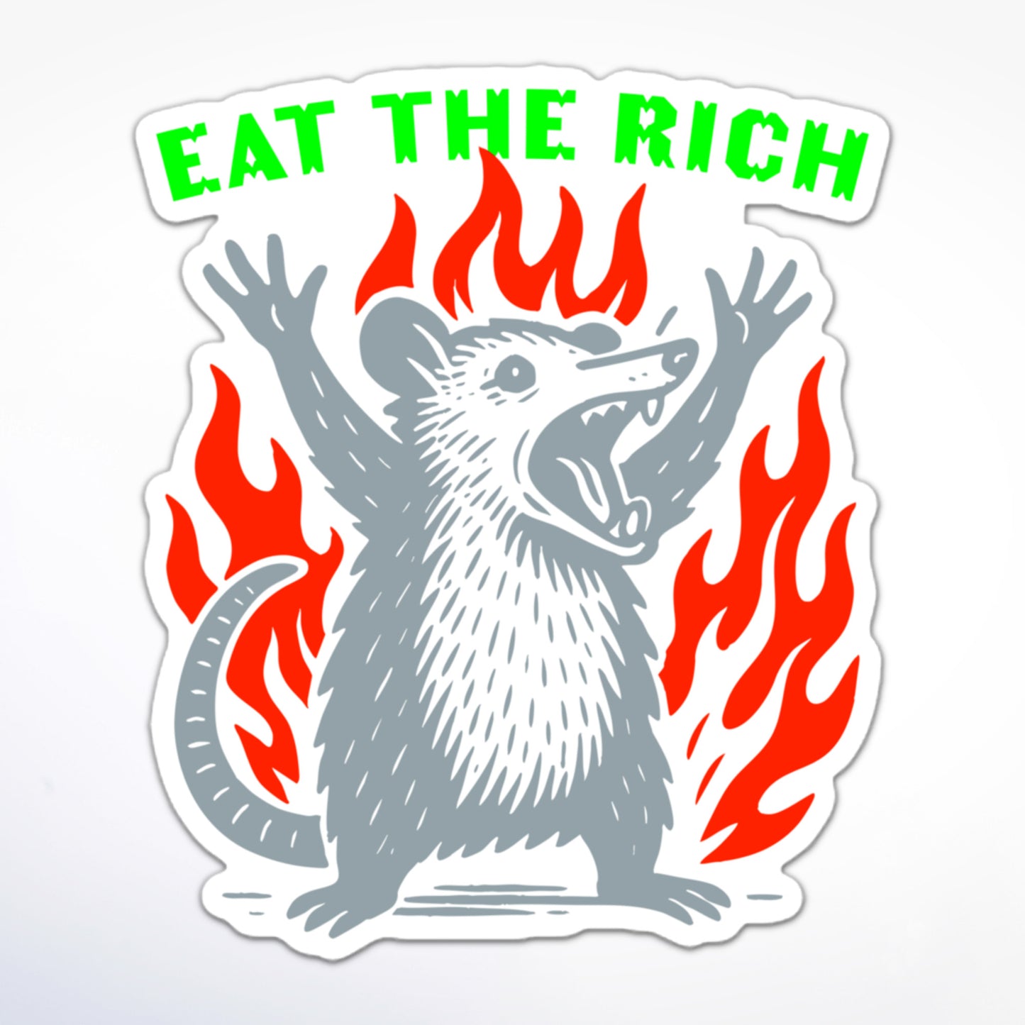 Eat The Rich activist sticker featuring cartoon possum with open mouth, raised arms, and red flames.