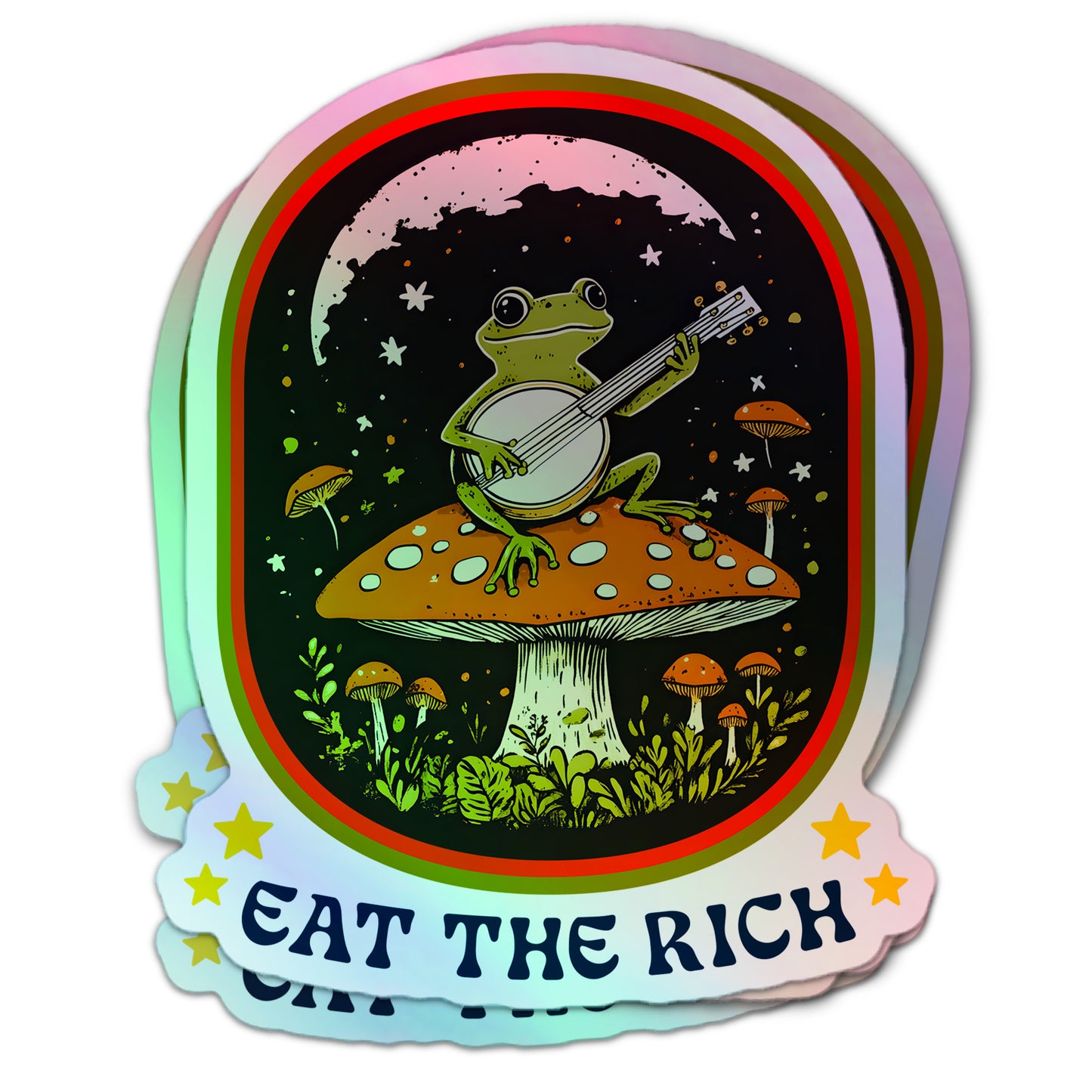 Cottagecore-inspired anti-capitalism holographic sticker with a banjo-playing frog atop a toadstool and protest slogan “Eat The Rich.”