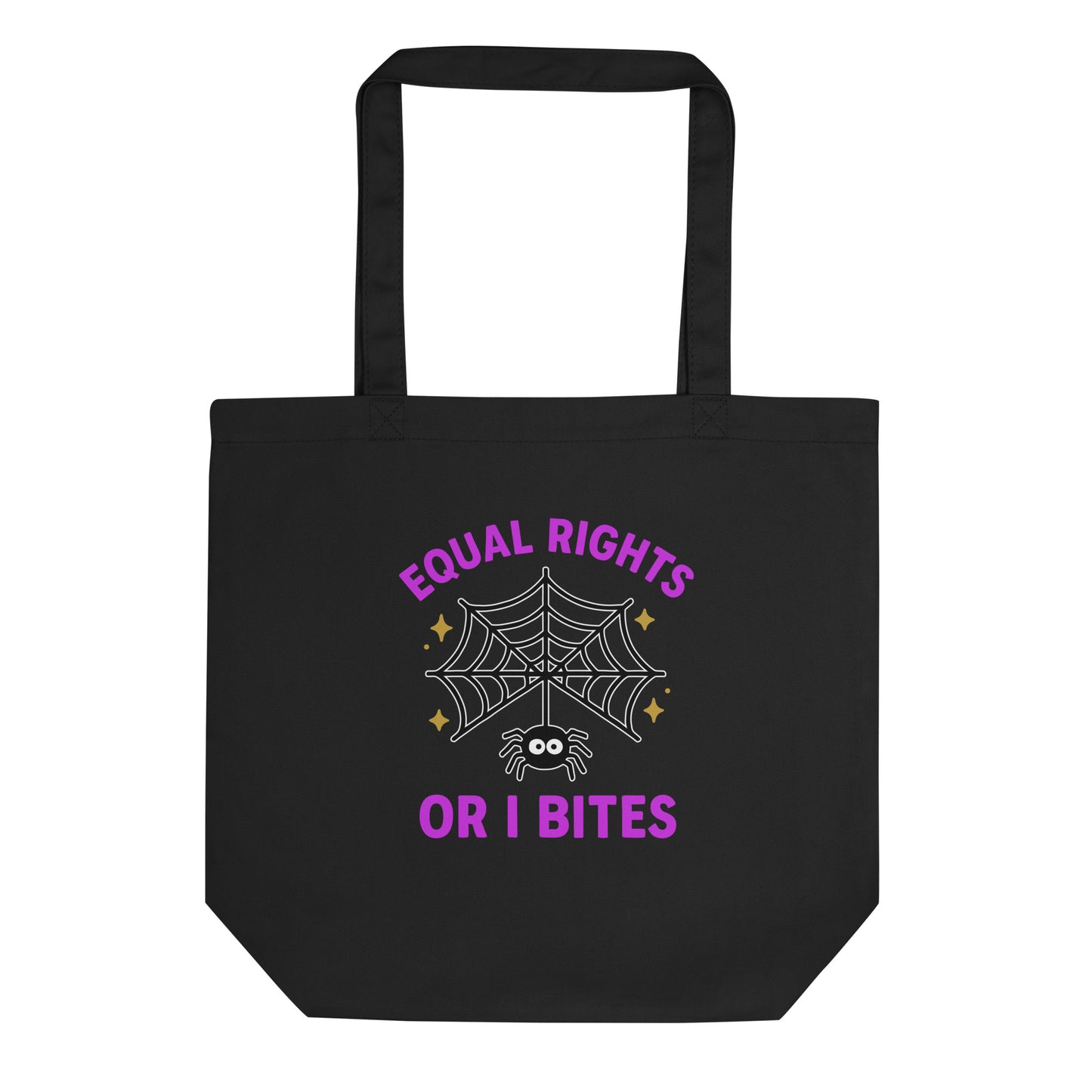 Black tote bag with “Equal Rights or I Bites” spider web and gold stars design, spooky feminist Halloween tote for activists.