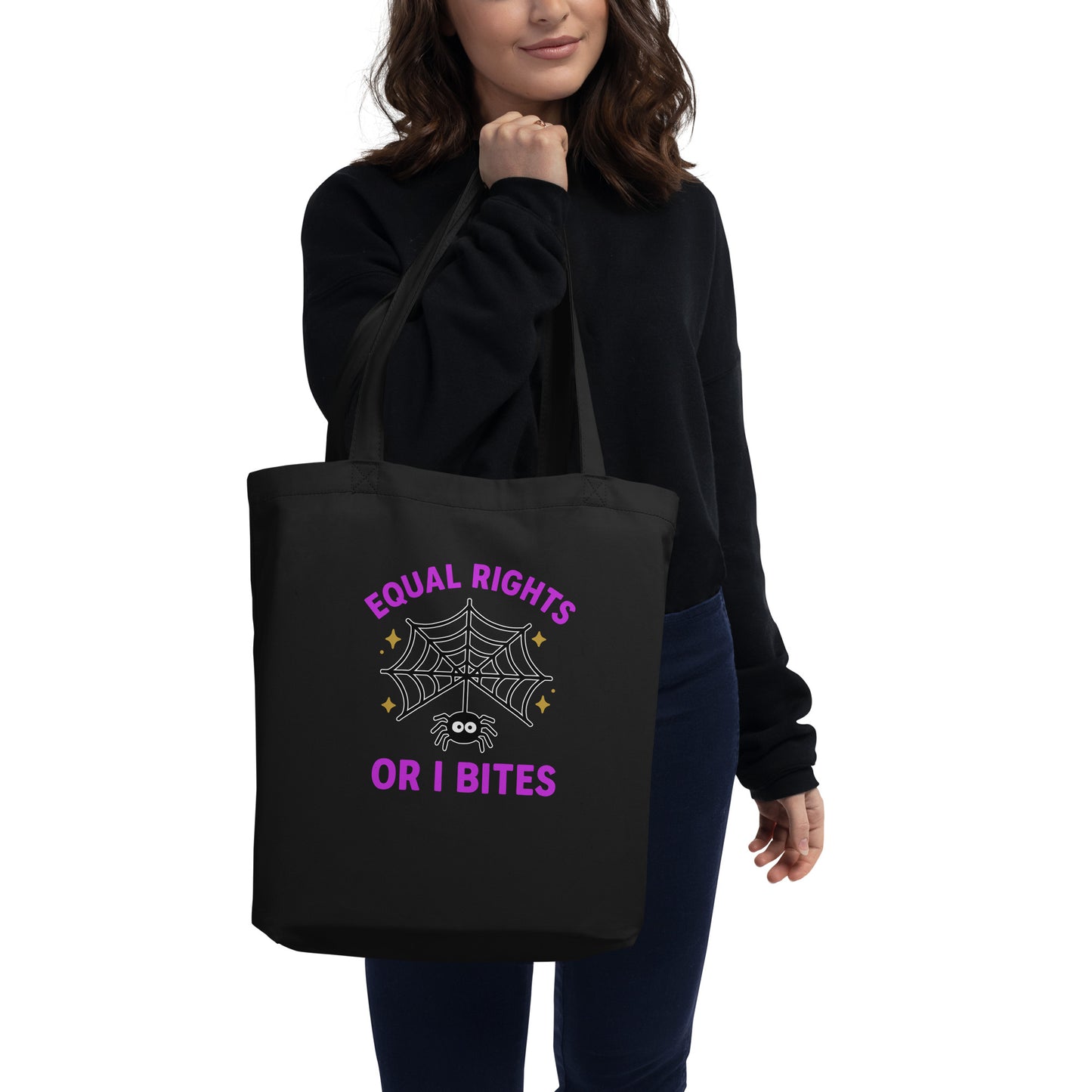 Person carrying “Equal Rights or I Bites” Halloween equality tote bag, Blue Wave USA progressive apparel design for women’s rights.
