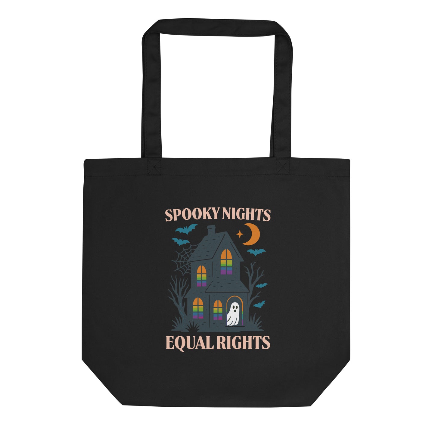 Black tote bag with “Spooky Nights, Equal Rights” haunted house and ghost design, Halloween activist bag for equality supporters.