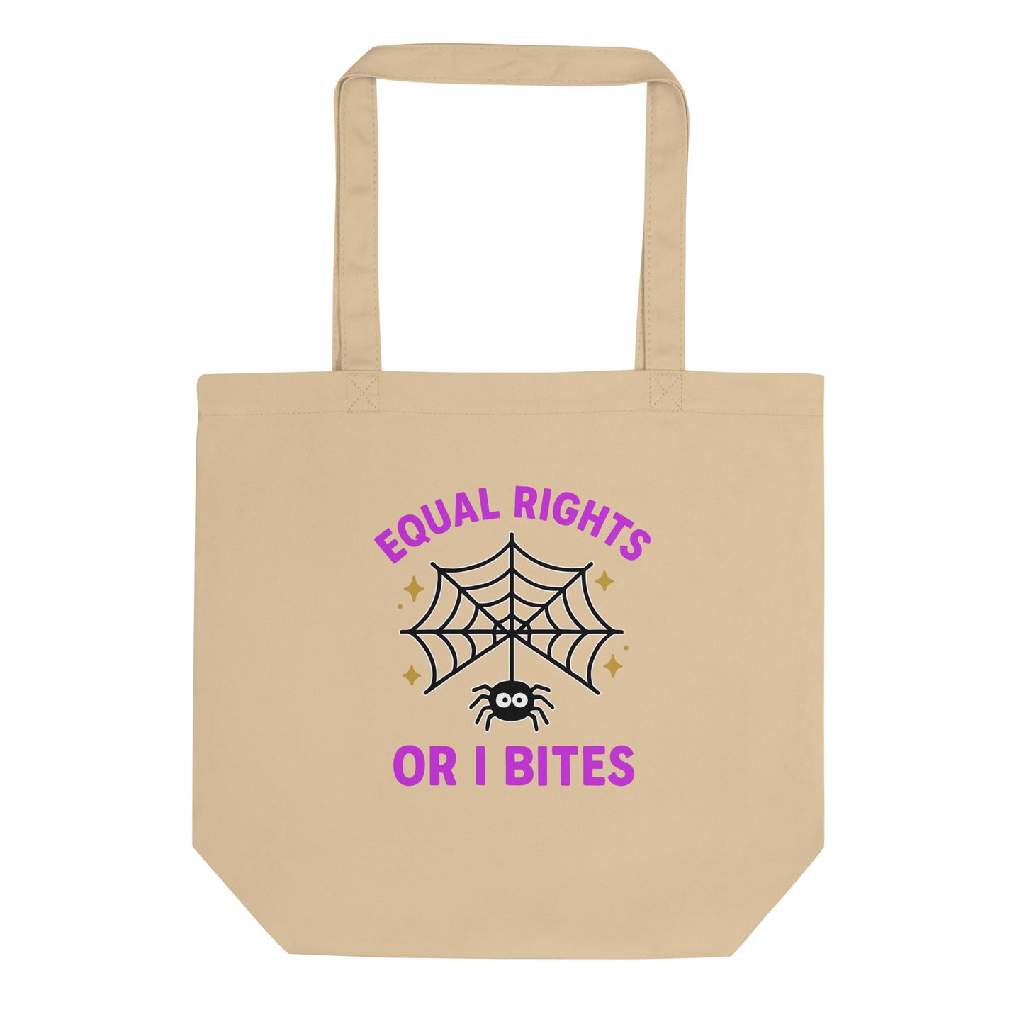 Beige “Equal Rights or I Bites” tote bag with spider web and star accents, reusable activist bag by Blue Wave promoting equality and feminism.