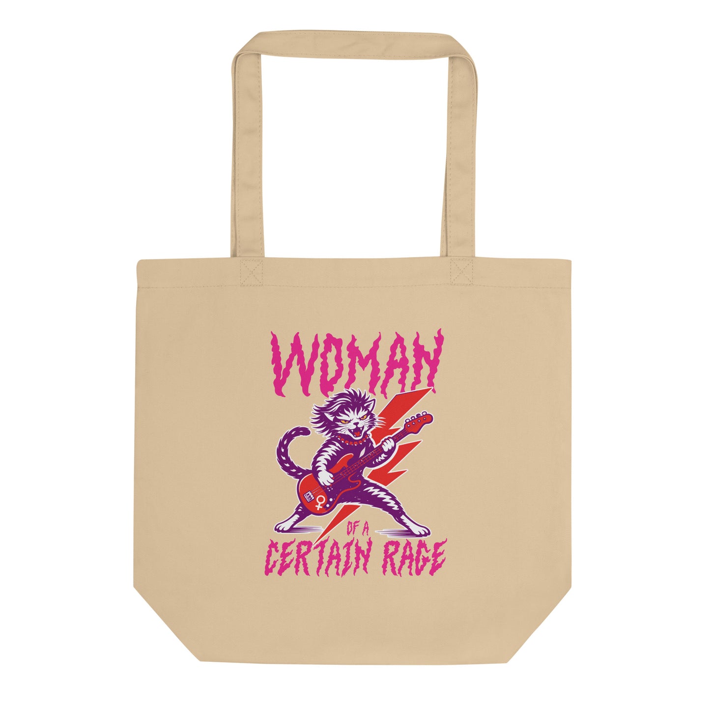 Natural canvas eco tote bag shown flat on a white background, highlighting the punk rock cat illustration and distressed text reading “WOMAN OF A CERTAIN RAGE,” clean print detail from Blue Wave USA.