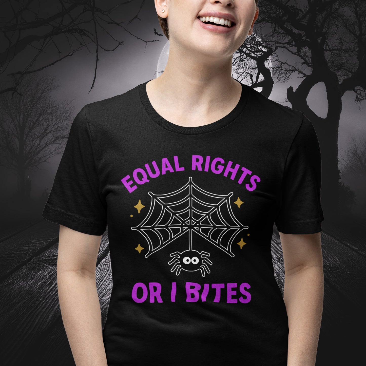 Person wearing black “Equal Rights or I Bites” Halloween t-shirt with white spider web and gold star accents, progressive feminist tee by Blue Wave USA for equality and women’s rights activism