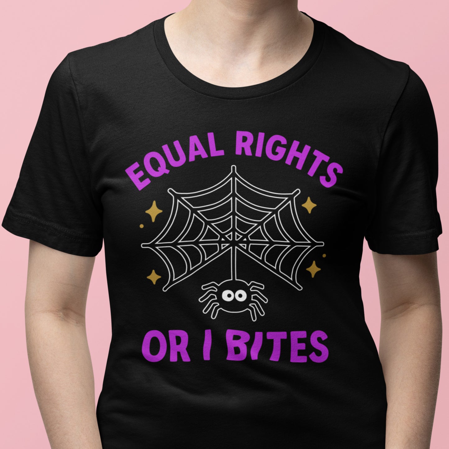 Person wearing “Equal Rights or I Bites” spider web shirt, Halloween feminist tee by Blue Wave USA supporting equality and women’s rights.