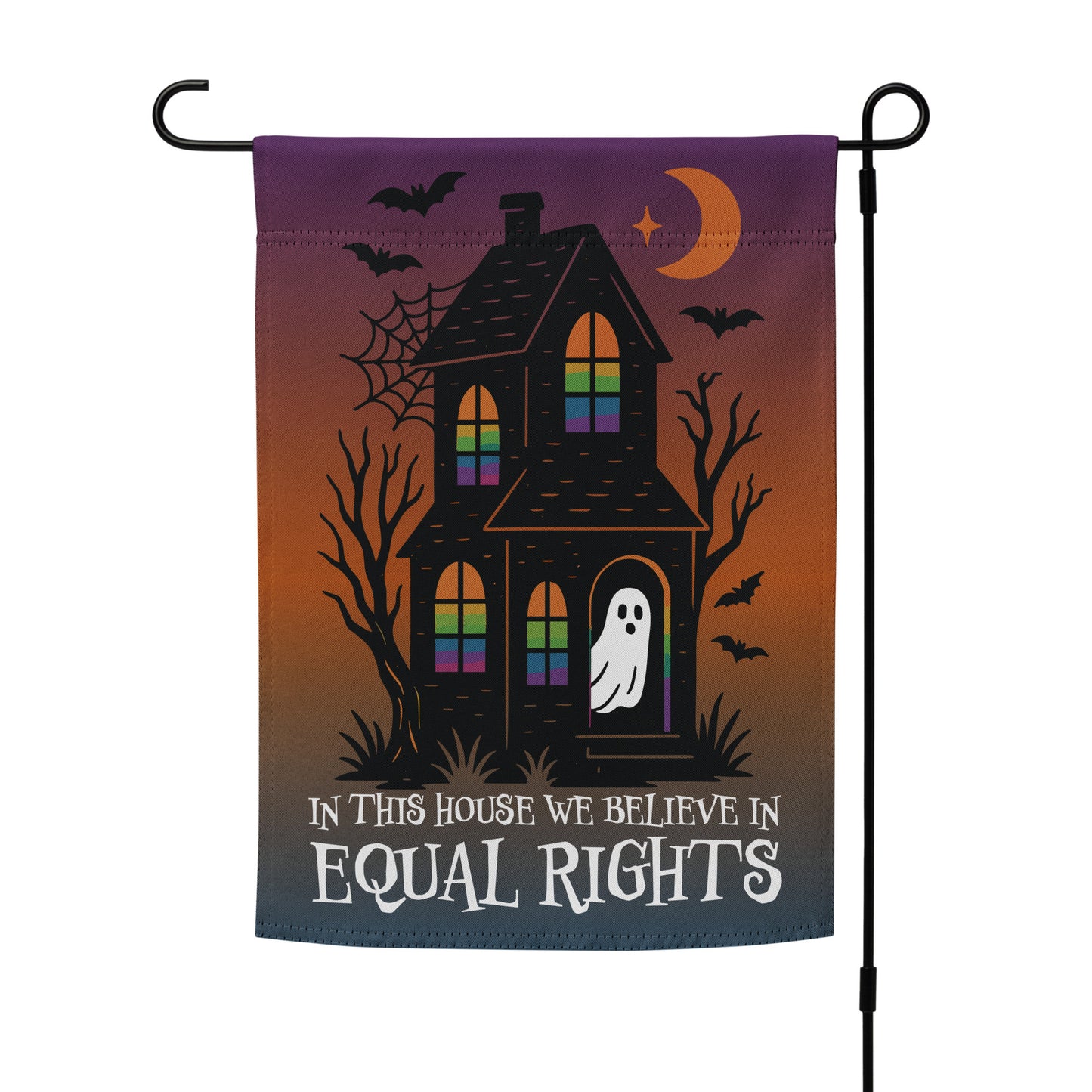 “In This House We Believe in Equal Rights” LGBTQ+ Pride Halloween garden flag on a stand, Blue Wave USA progressive products for activist home décor.