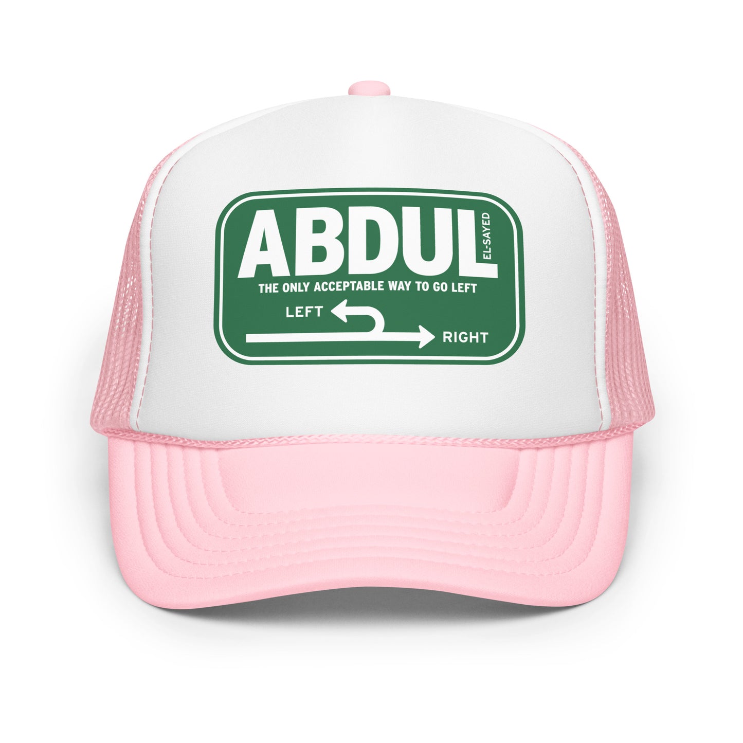Light pink and white trucker hat featuring Michigan left sign graphic with “Abdul El-Sayed” text in vintage highway-inspired style.
