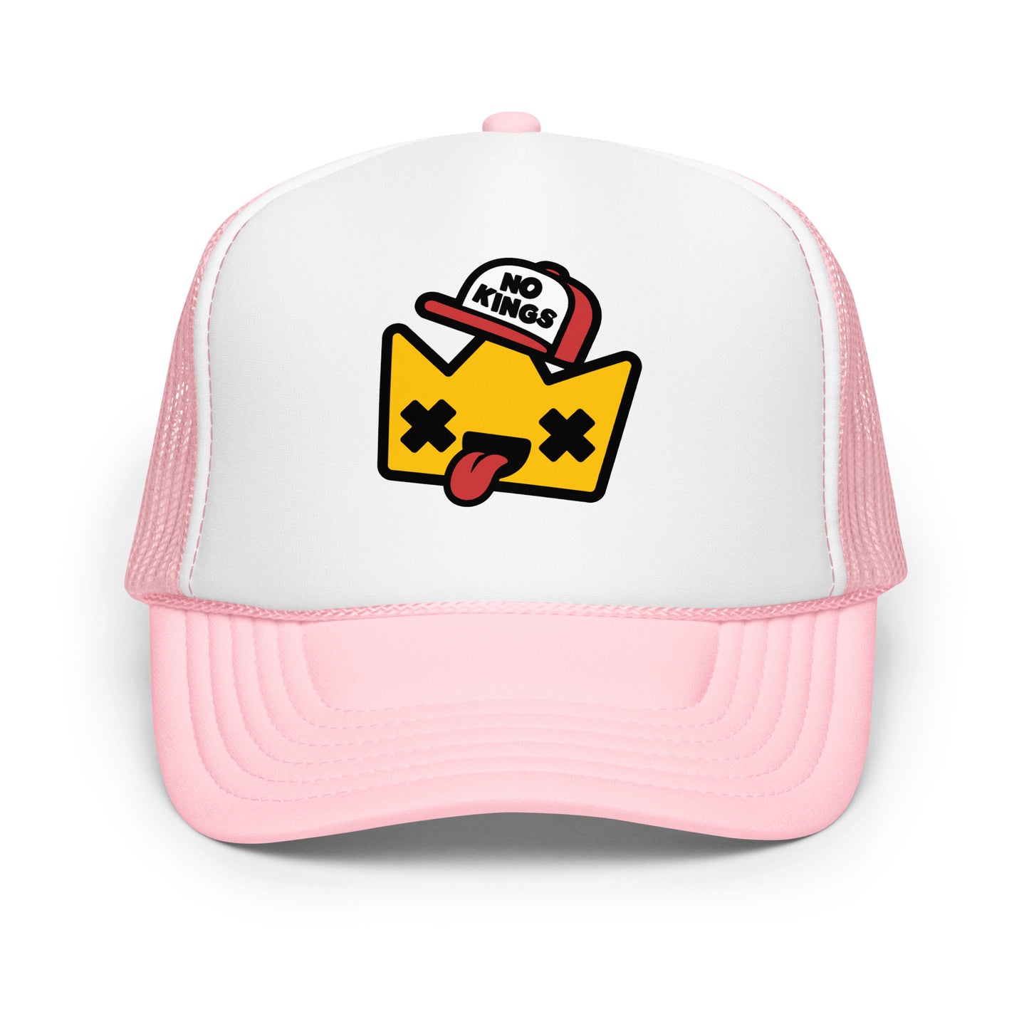 Light pink and white trucker hat showcasing a humorous crown character with a “No Kings” message, inspired by modern protest art and democratic values.