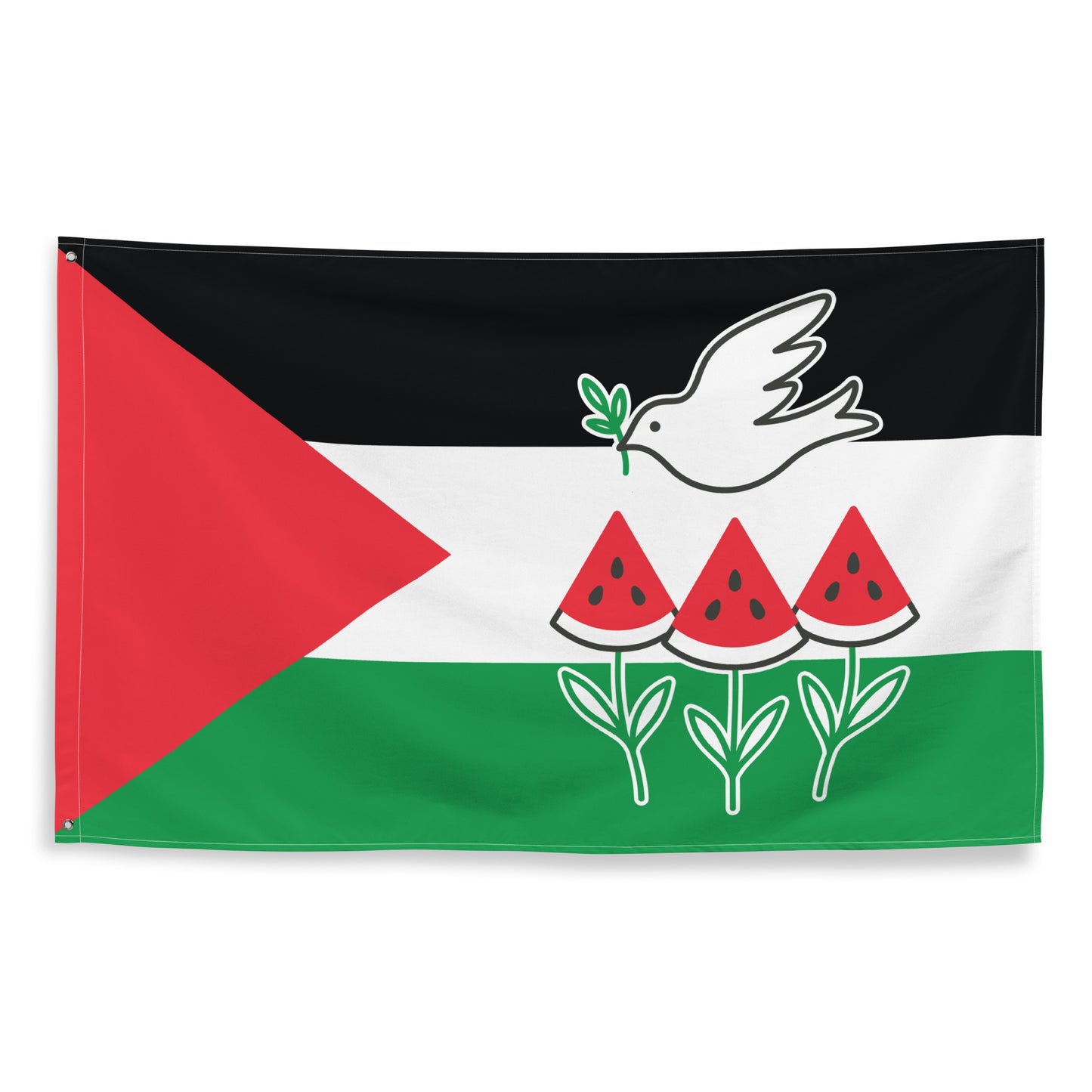Free Palestine solidarity wall flag with peace dove and watermelon slice design, sold by Blue Wave USA progressive products.