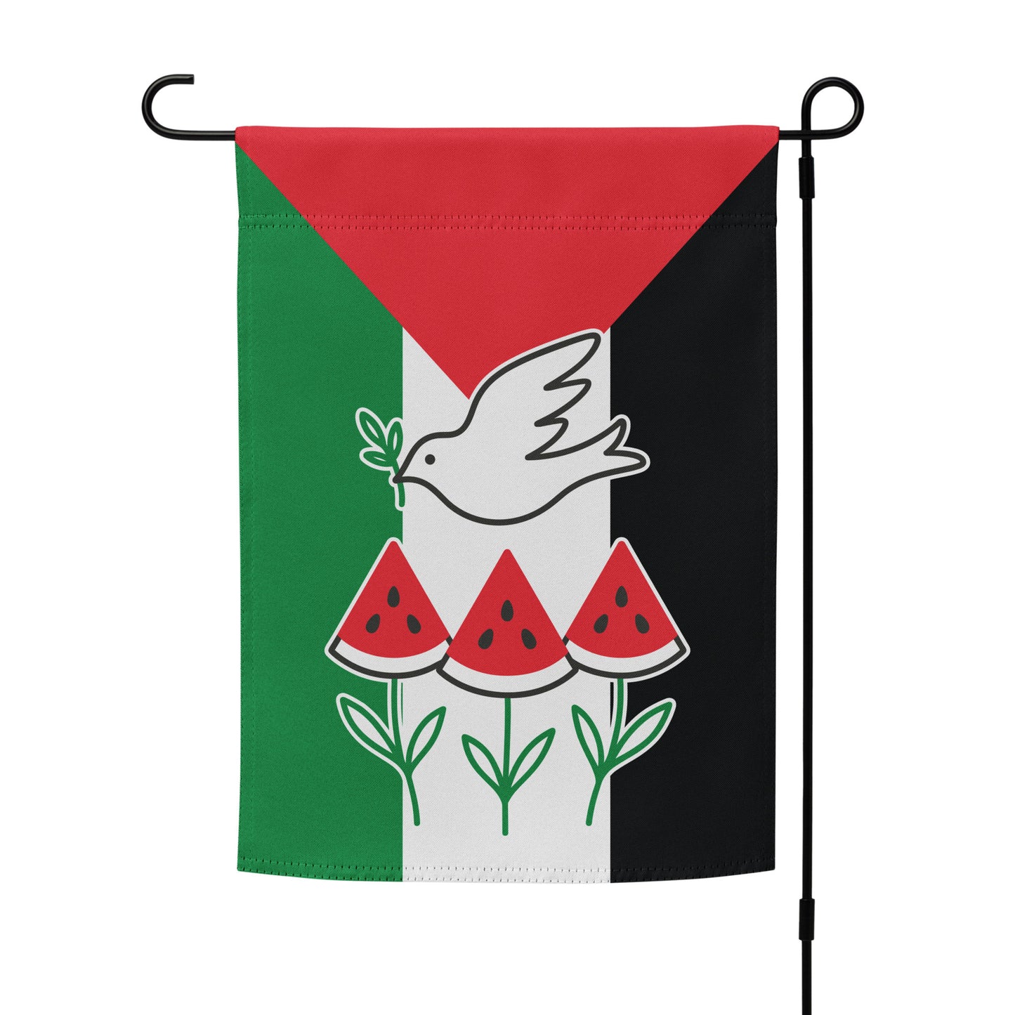 Free Palestine garden flag with dove, watermelon, and solidarity design displayed on a flag stand outdoors.