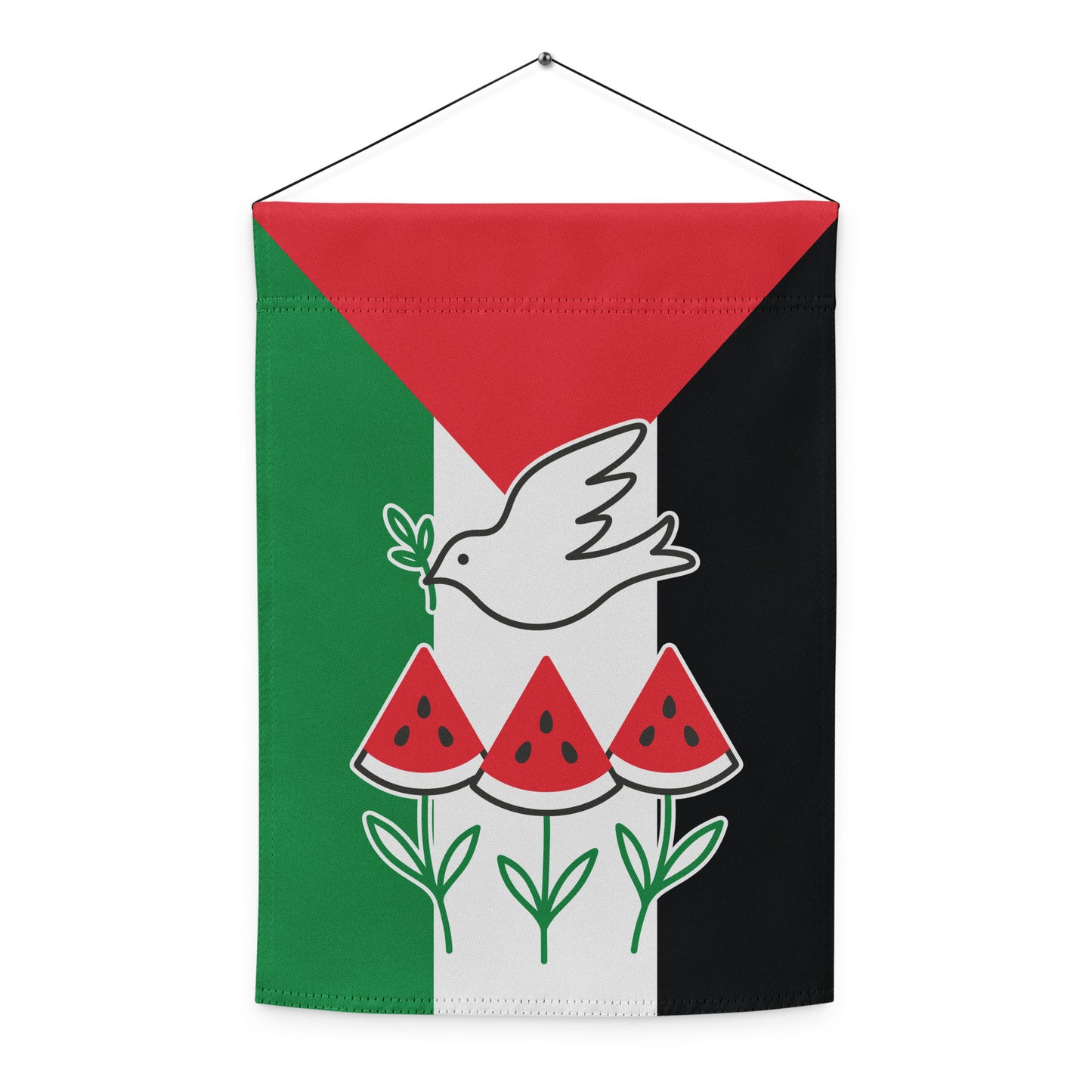 Front view of the Free Palestine garden flag with peace dove and watermelon slices, sold by Blue Wave USA progressive products.