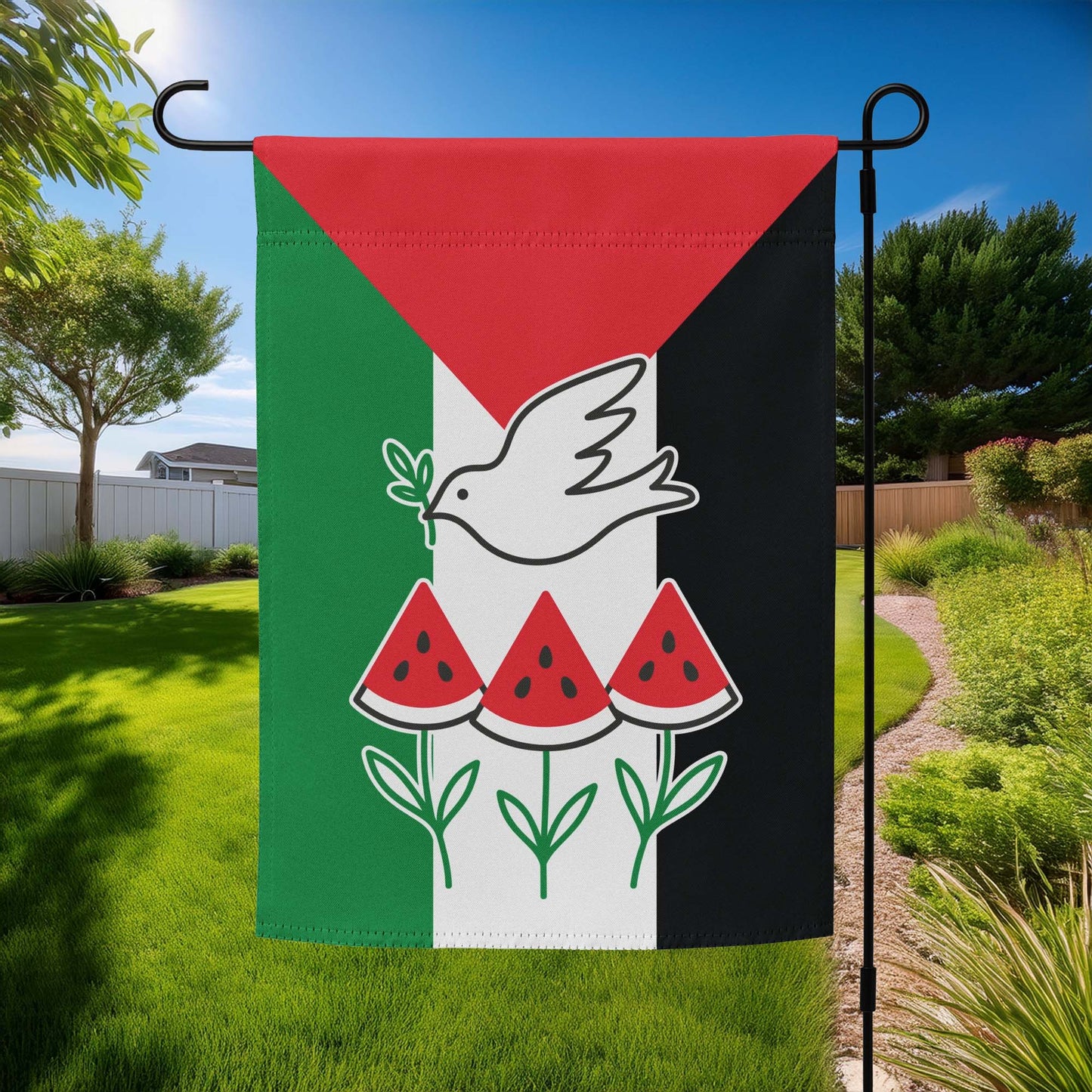 outdoor yard display: Free Palestine garden flag featuring a white dove with olive branch, three watermelon slices, and green stem design on red, white, green, and black flag background.
