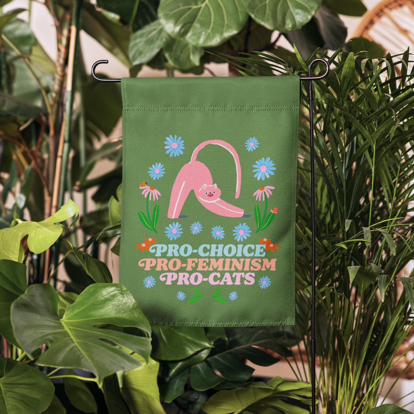 Front View Image: Pro-Choice Pro-Feminism Pro-Cats Garden Flag with floral cat graphic.