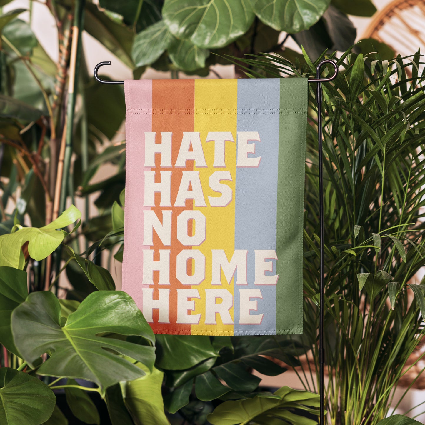 Front View Image: Garden flag standing out in a neatly landscaped yard.