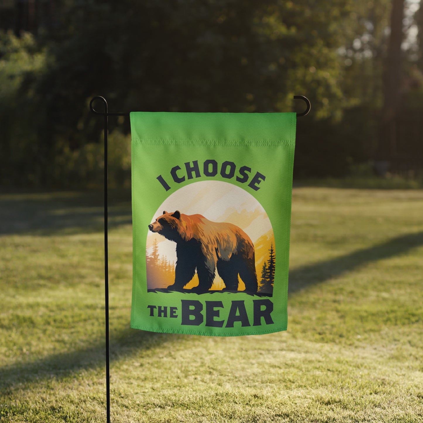 Front View Image: Garden flag featuring I Choose The Bear design with a bear in the mountains.