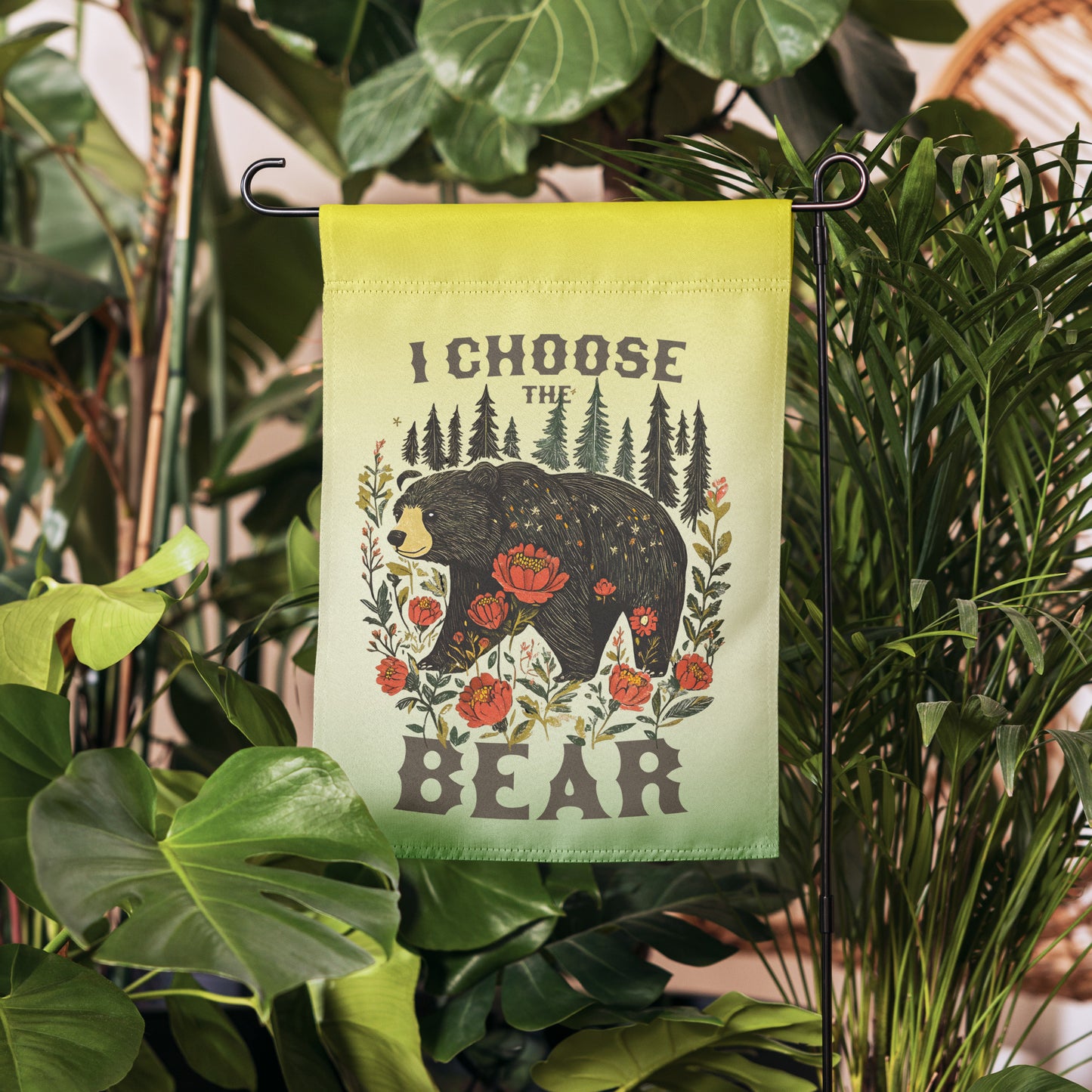 Front View Image: Garden flag with I Choose The Bear design featuring a bear surrounded by flowers.