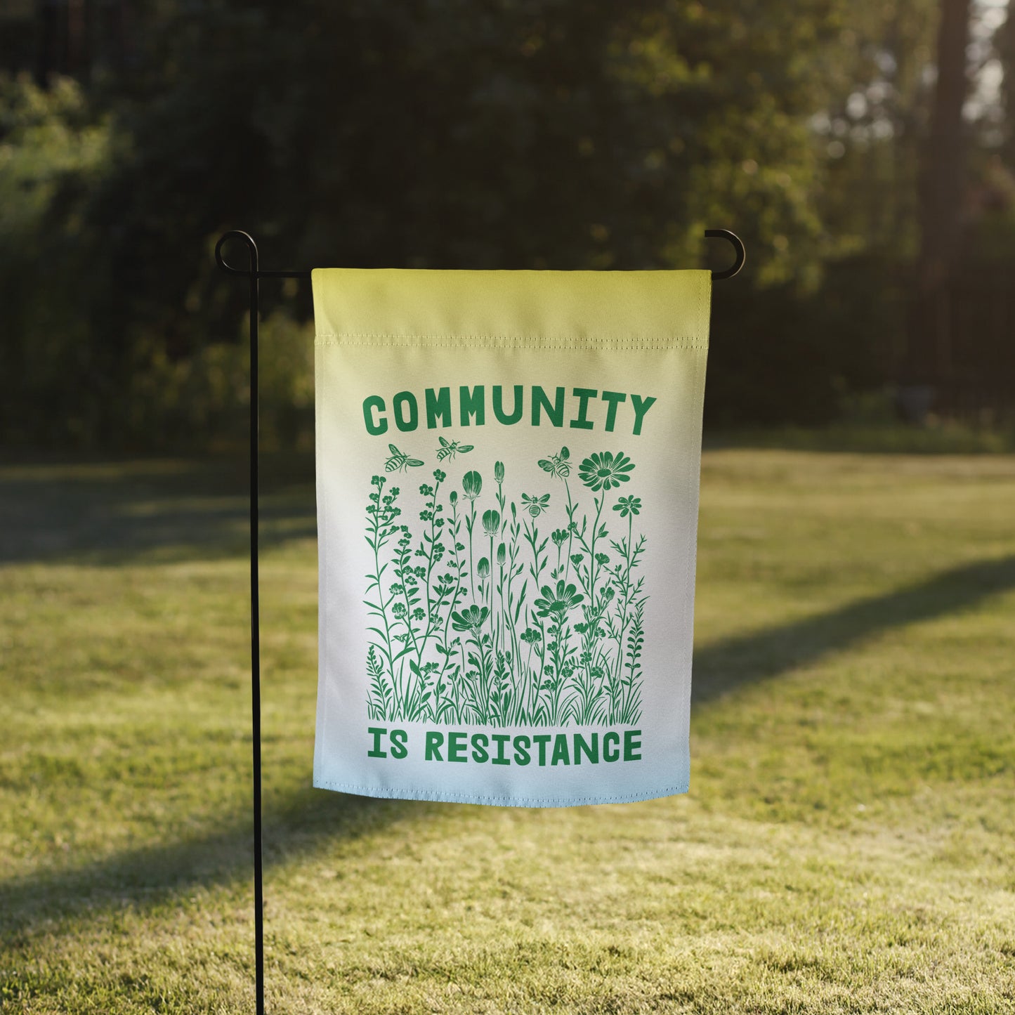 Front View Image: Full view of the Community Is Resistance Progressive Garden Flag, showcasing the empowering message.