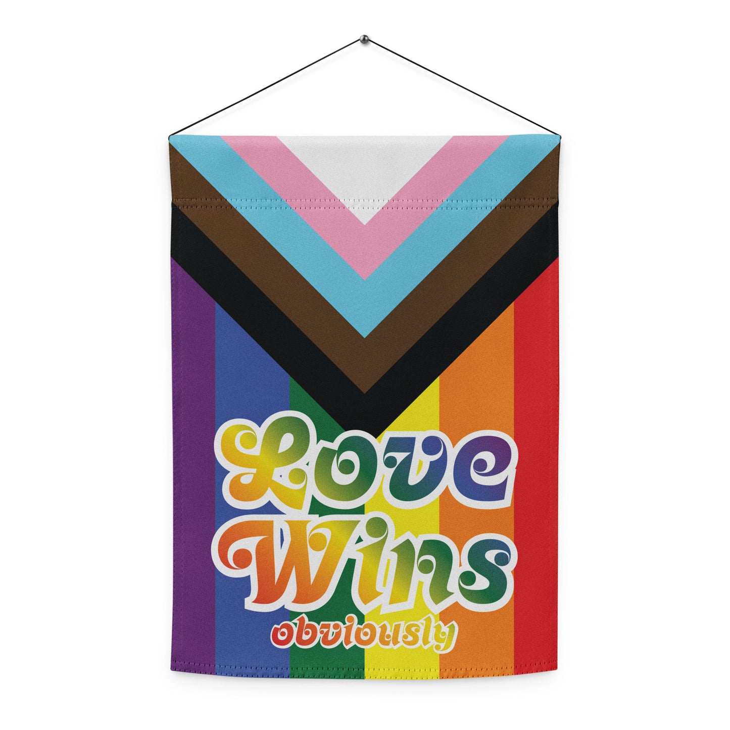 Front image of the "Love Wins Obviously" Progress Pride Garden Flag. Great for LGBTQ+ Ally.