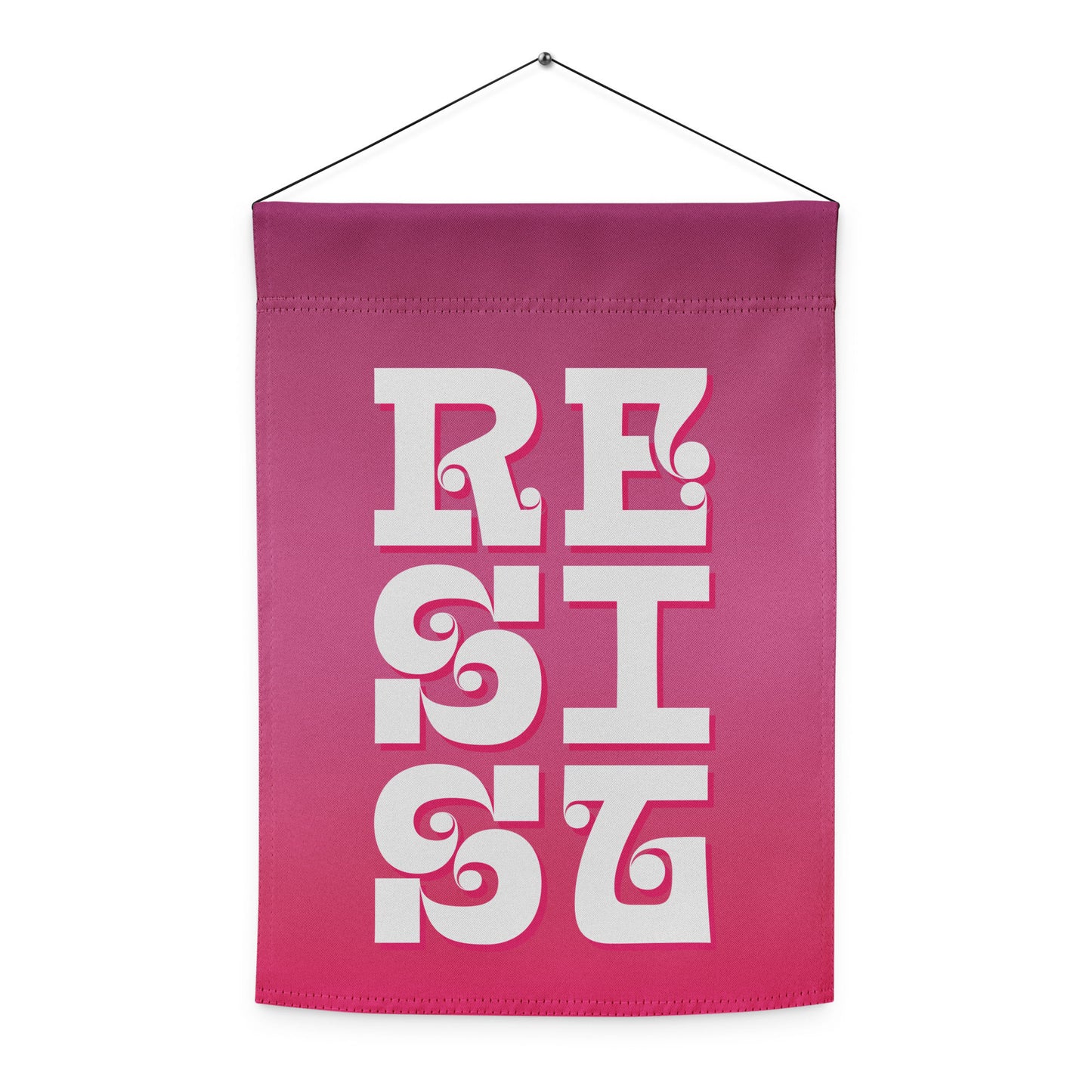 Front View Image: RESIST Garden Flag hung by a black string attached at the top corners.